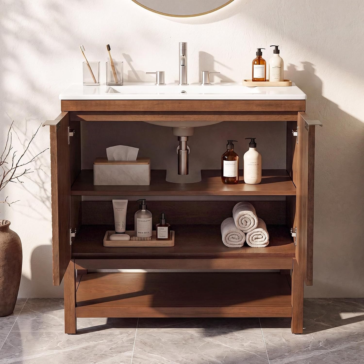 30" Bathroom Vanity with Sink, Farmhouse Bath Storage Cabinet with Solid Wood Frame