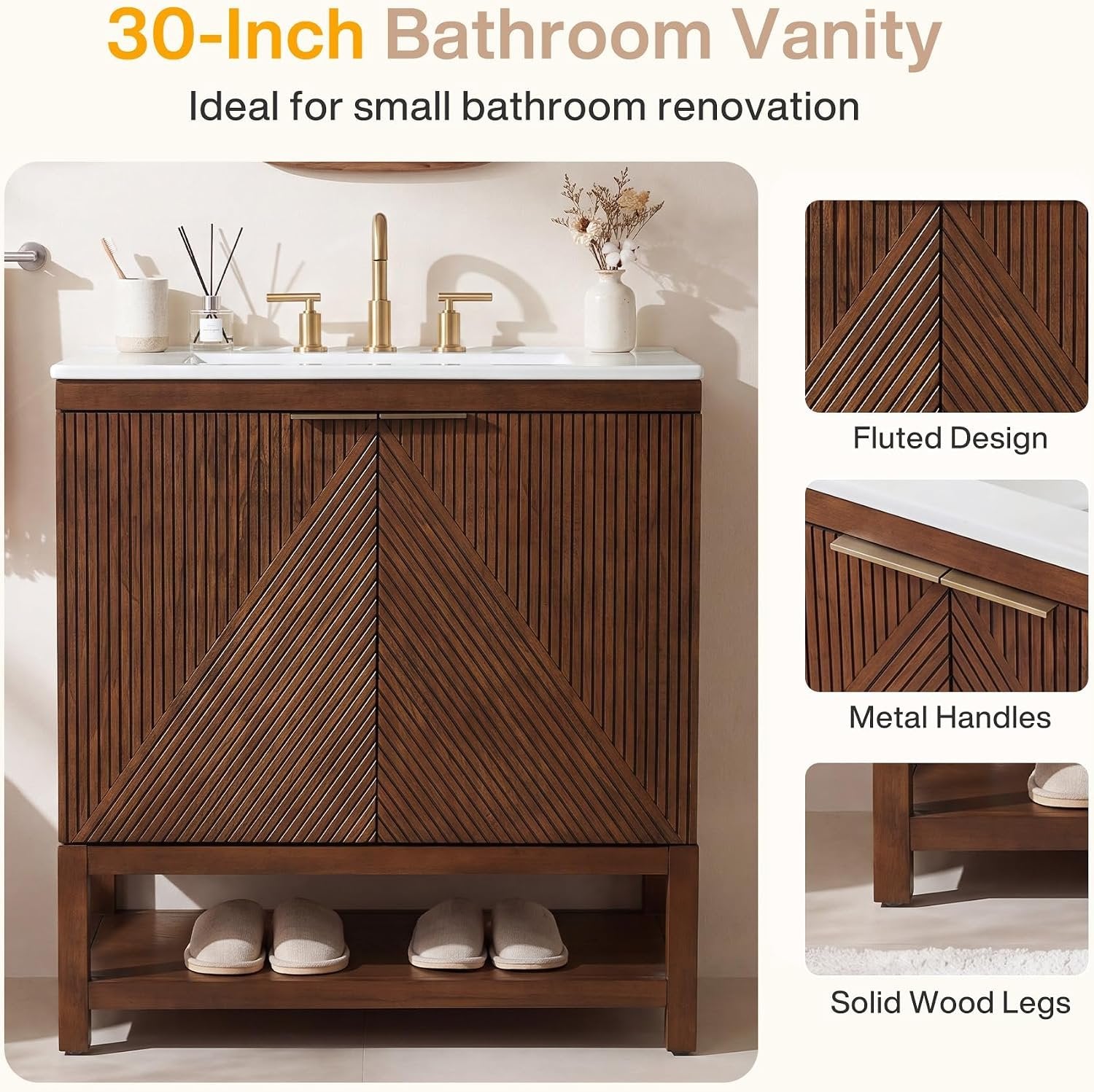 30" Bathroom Vanity with Sink, Farmhouse Bath Storage Cabinet with Solid Wood Frame
