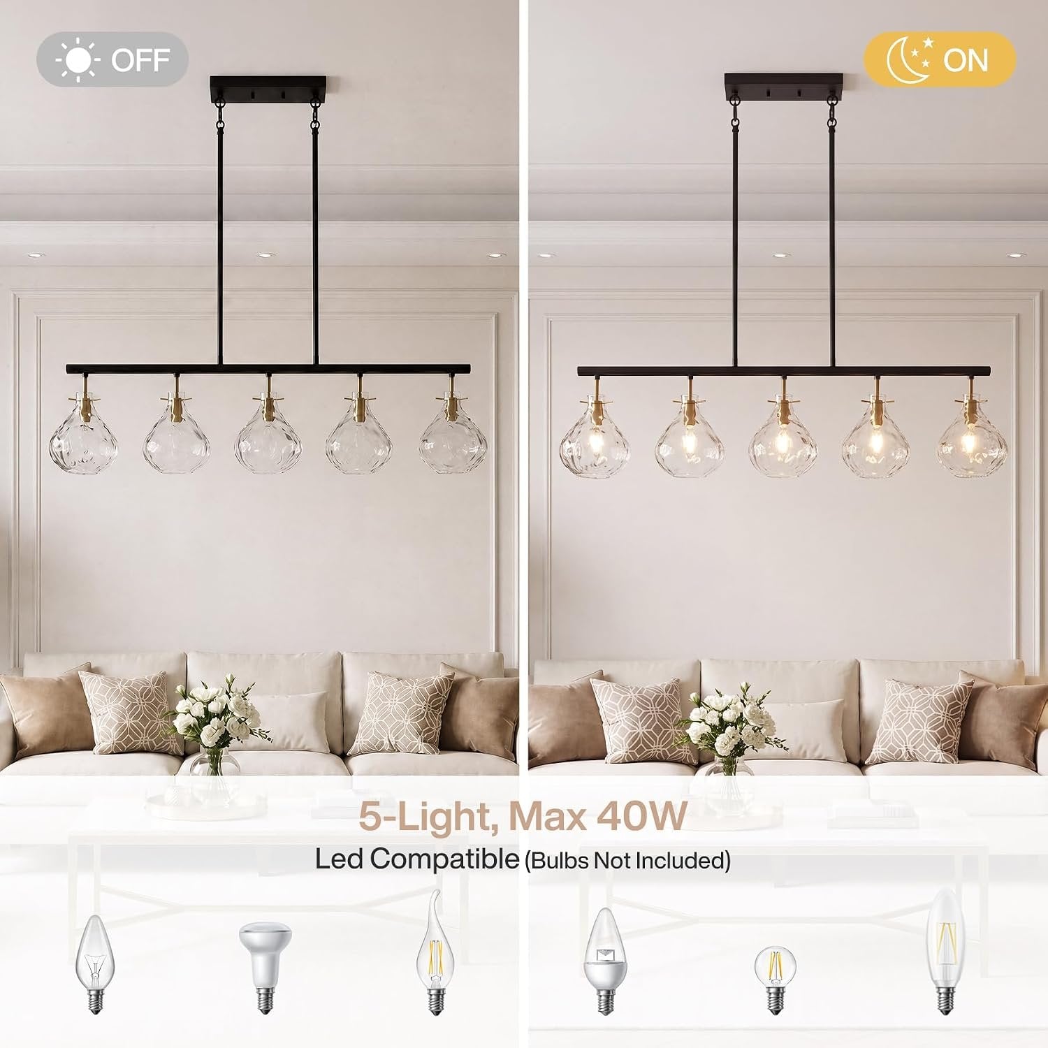 5 Light Pendant Light, Linear Chandelier with Ripple Glass Shades & Adjustable Height