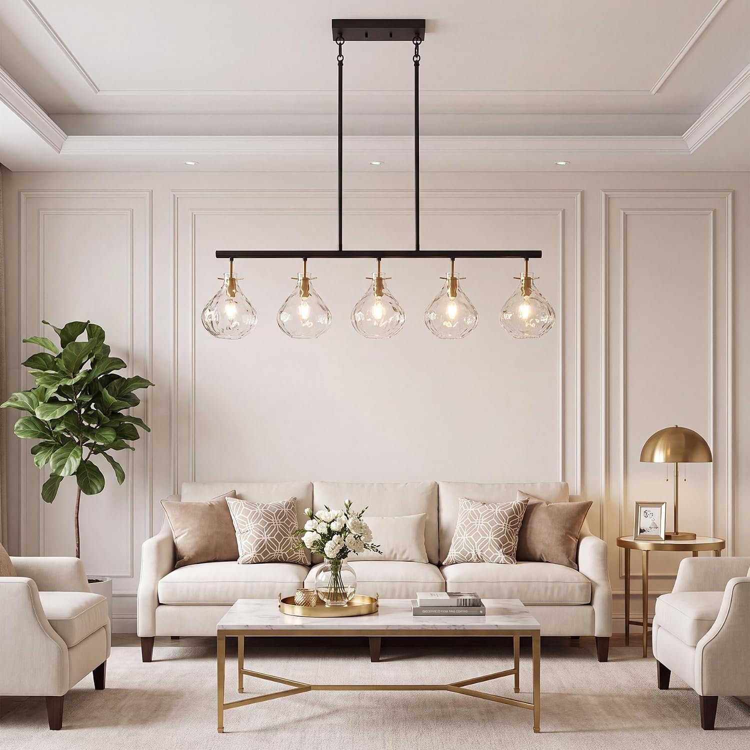 5 Light Pendant Light, Linear Chandelier with Ripple Glass Shades & Adjustable Height