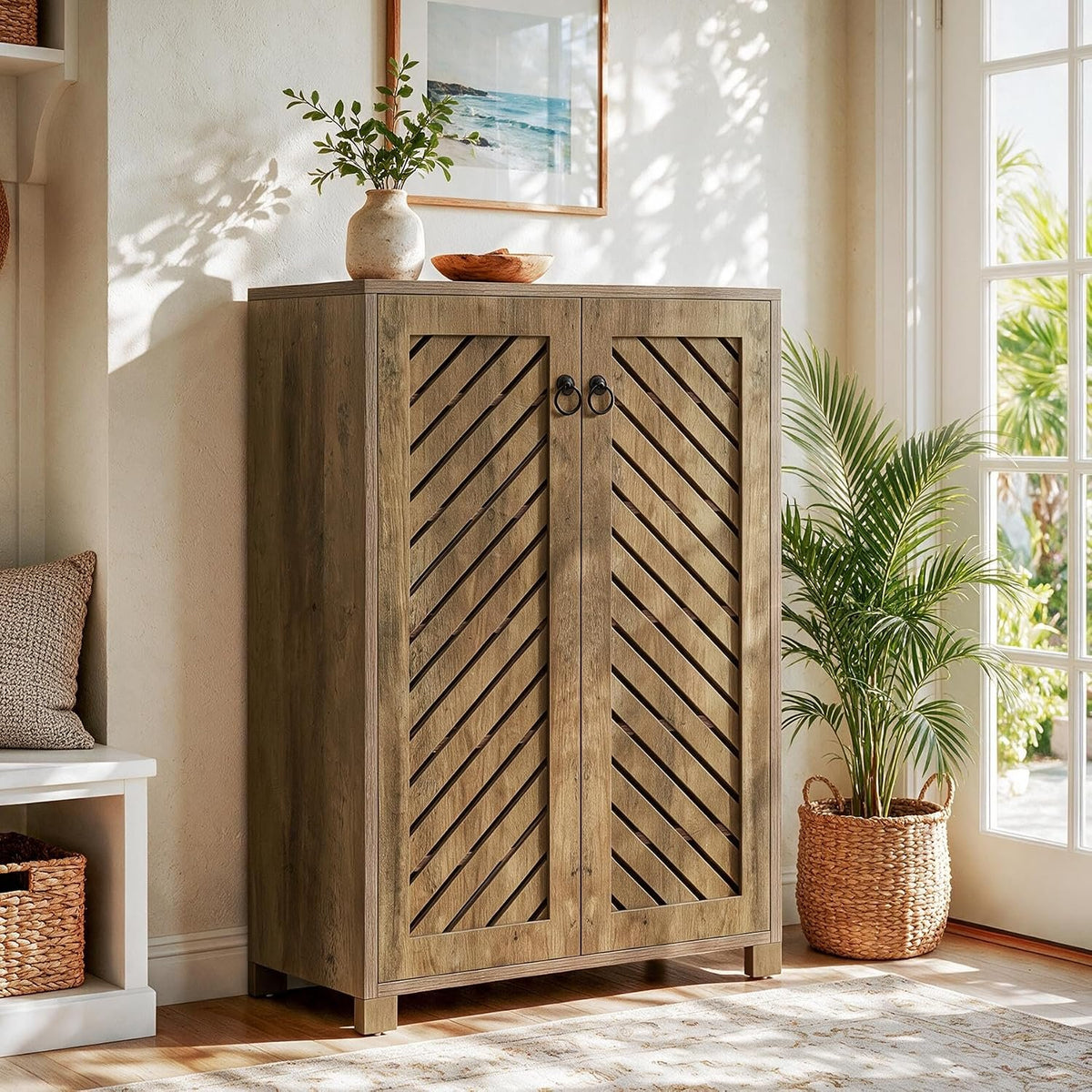 Tribesigns Shoe Storage Cabinet with Diagonal Slat Doors, Farmhouse Entryway Shoe Organizer with 24-Pair Capacity, Rustic Wood