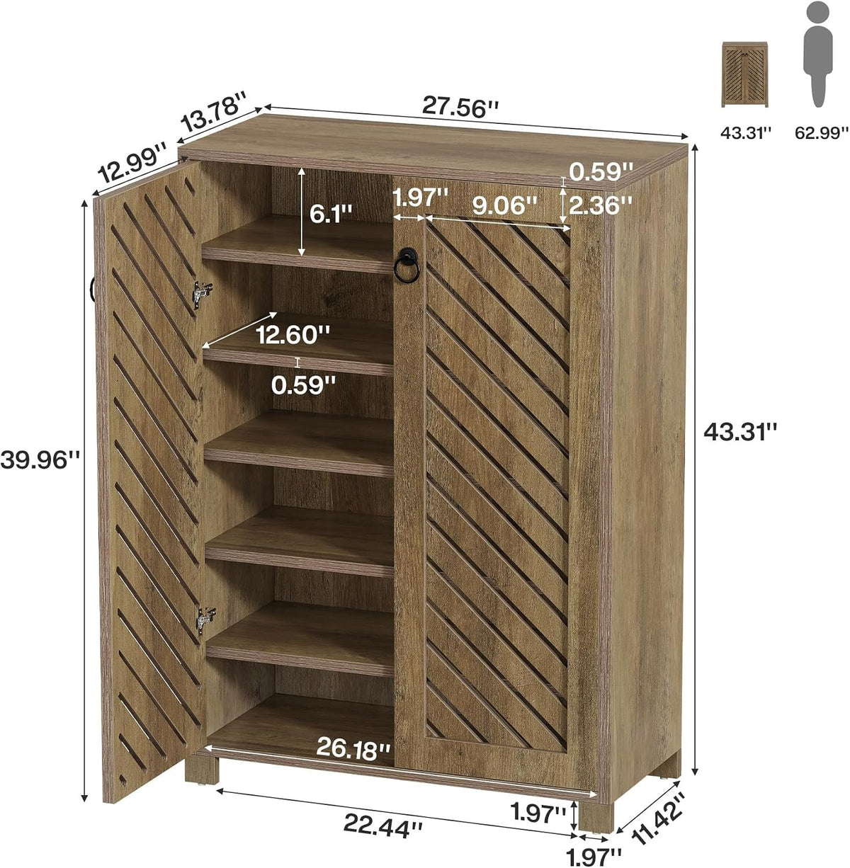 Tribesigns Shoe Storage Cabinet with Diagonal Slat Doors, Farmhouse Entryway Shoe Organizer with 24-Pair Capacity, Rustic Wood