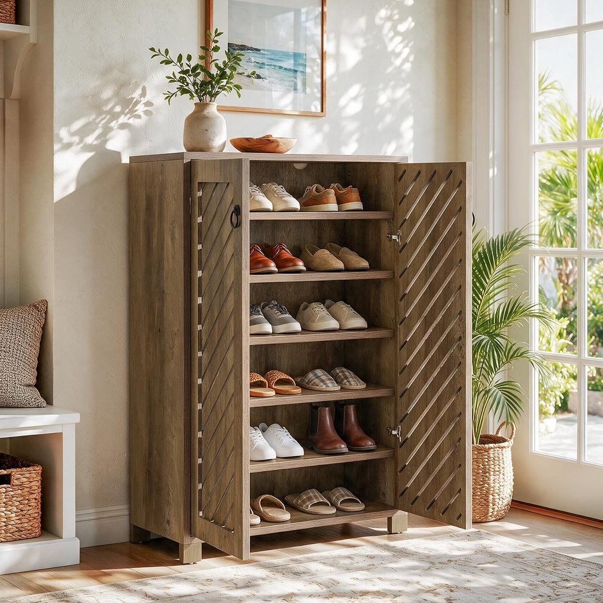 Tribesigns Shoe Storage Cabinet with Diagonal Slat Doors, Farmhouse Entryway Shoe Organizer with 24-Pair Capacity, Rustic Wood