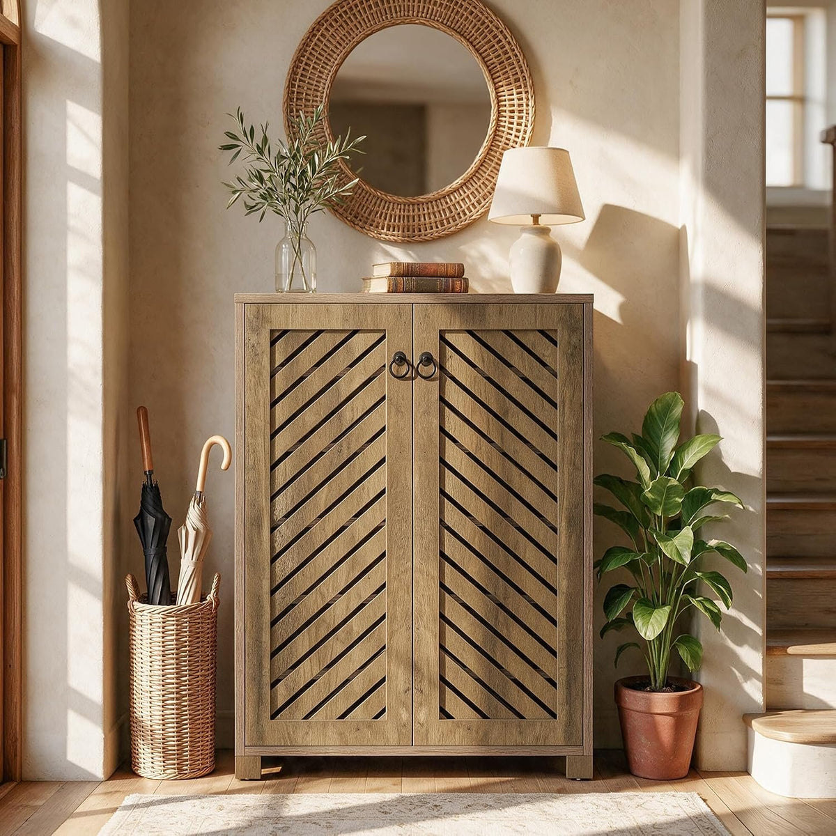 Tribesigns Shoe Storage Cabinet with Diagonal Slat Doors, Farmhouse Entryway Shoe Organizer with 24-Pair Capacity, Rustic Wood