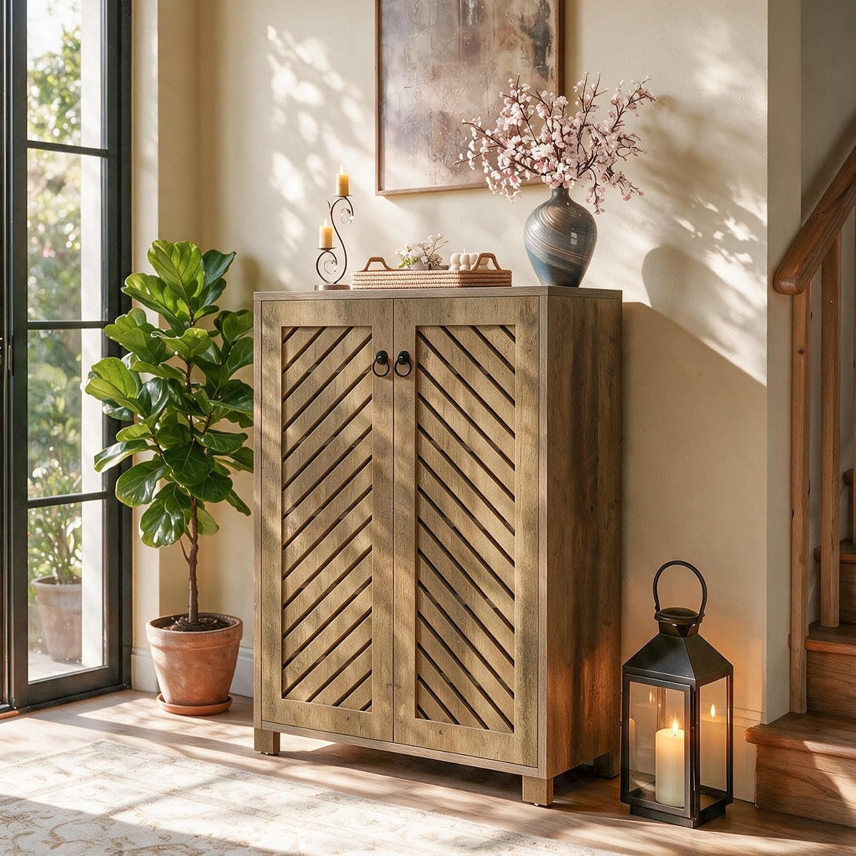Tribesigns Shoe Storage Cabinet with Diagonal Slat Doors, Farmhouse Entryway Shoe Organizer with 24-Pair Capacity, Rustic Wood