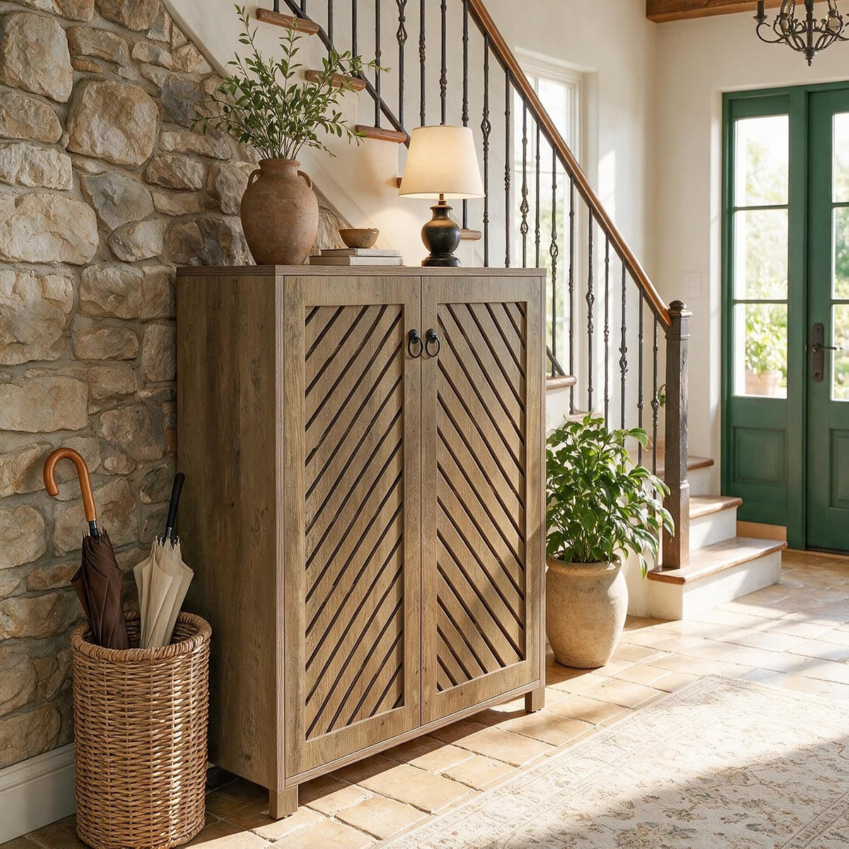 Tribesigns Shoe Storage Cabinet with Diagonal Slat Doors, Farmhouse Entryway Shoe Organizer with 24-Pair Capacity, Rustic Wood