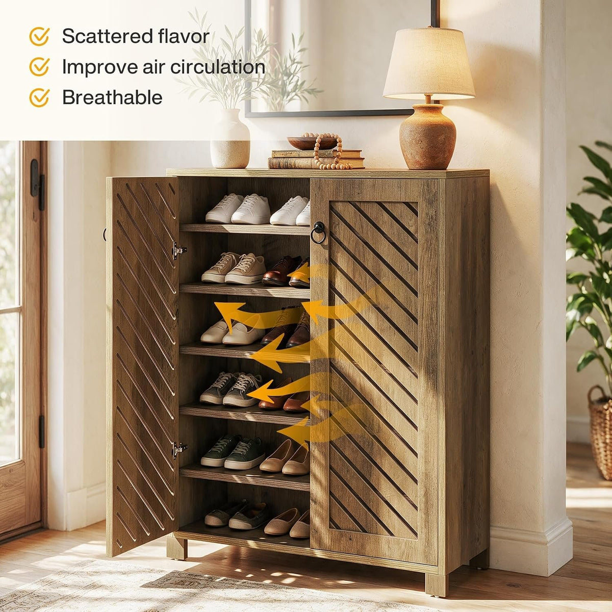 Tribesigns Shoe Storage Cabinet with Diagonal Slat Doors, Farmhouse Entryway Shoe Organizer with 24-Pair Capacity, Rustic Wood