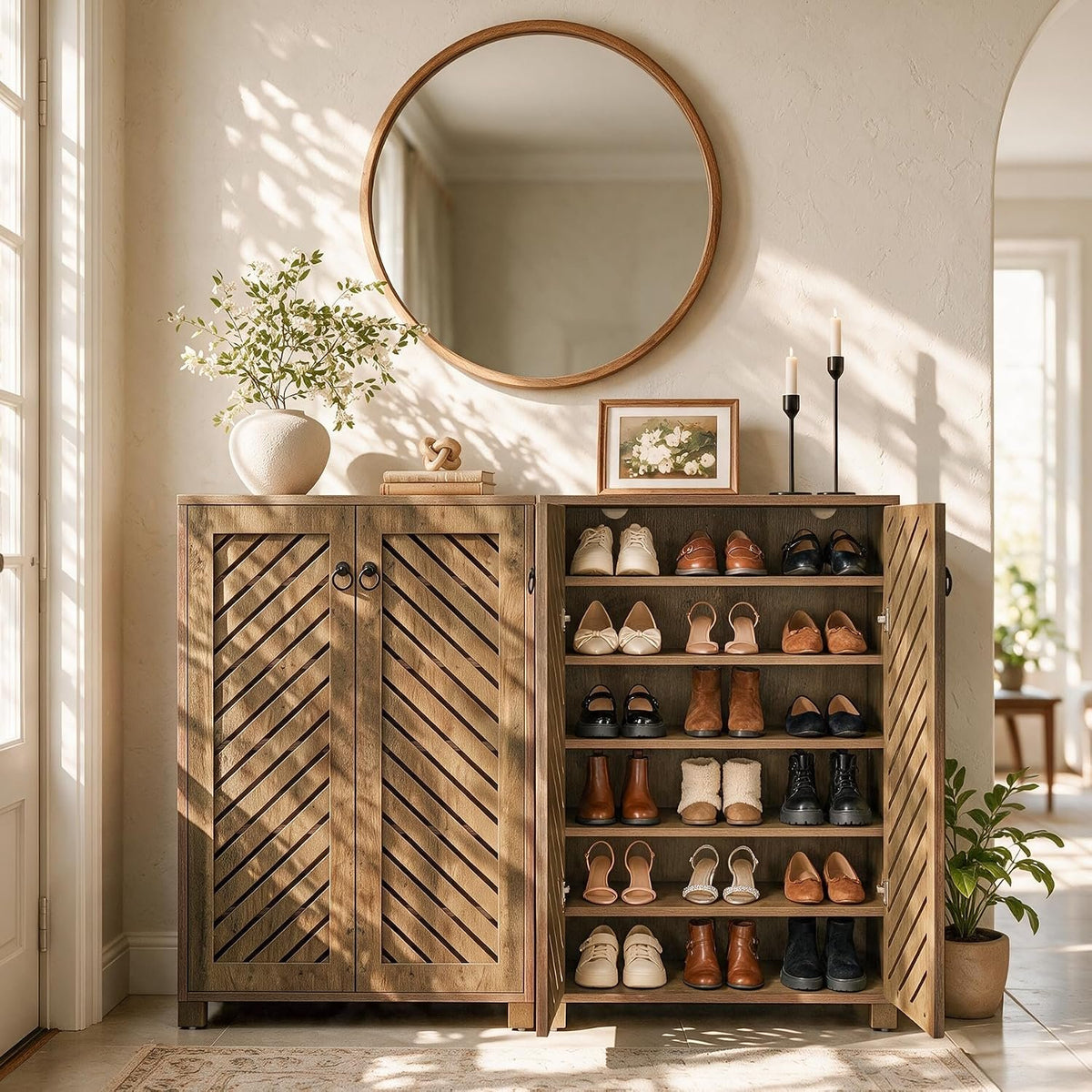 Tribesigns Shoe Storage Cabinet with Diagonal Slat Doors, Farmhouse Entryway Shoe Organizer with 24-Pair Capacity, Rustic Wood