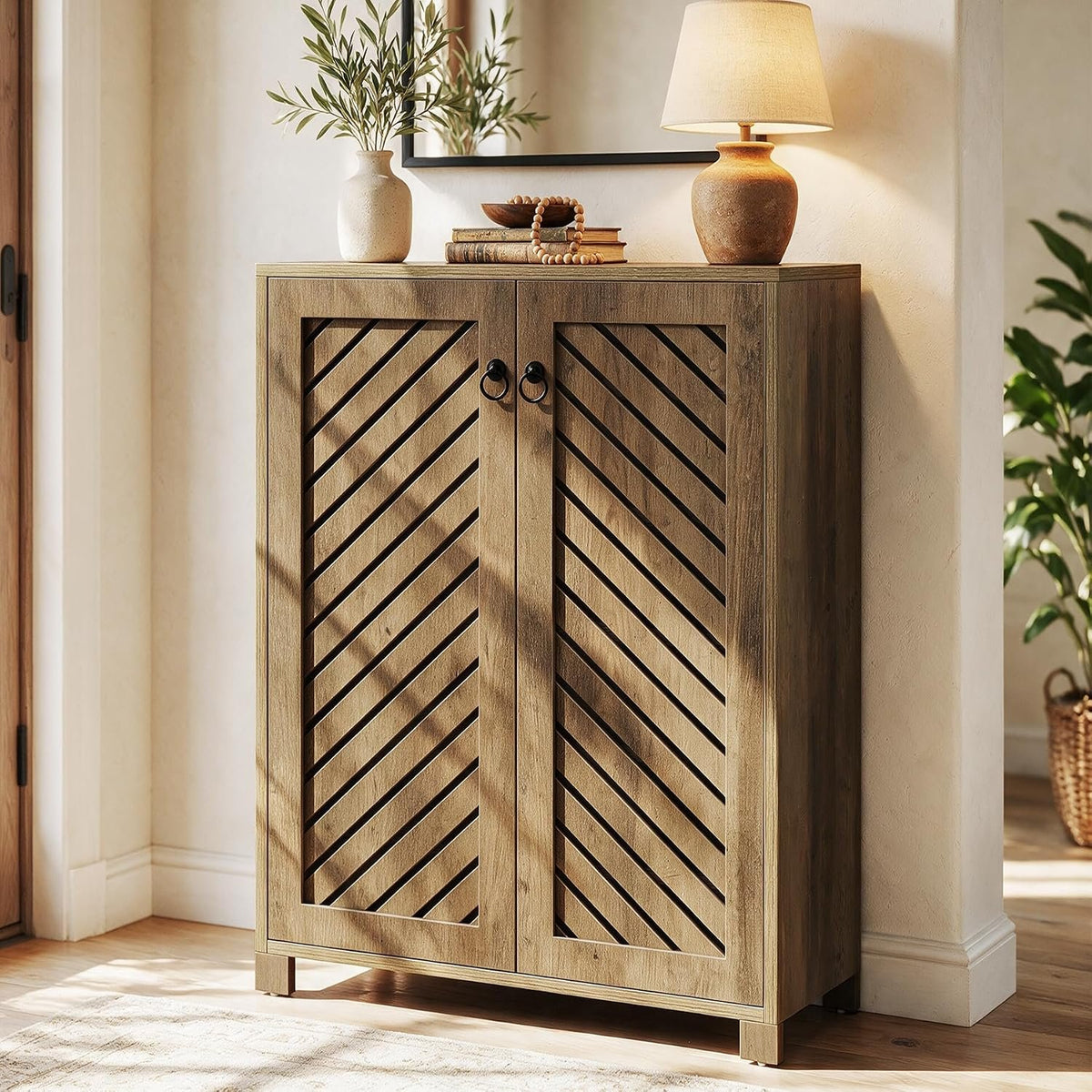 Tribesigns Shoe Storage Cabinet with Diagonal Slat Doors, Farmhouse Entryway Shoe Organizer with 24-Pair Capacity, Rustic Wood