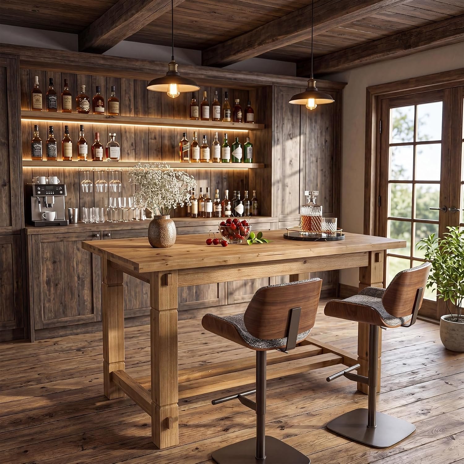 59" Solid Wood Home Bar Table, Counter Height Table with Spacious Tabletop