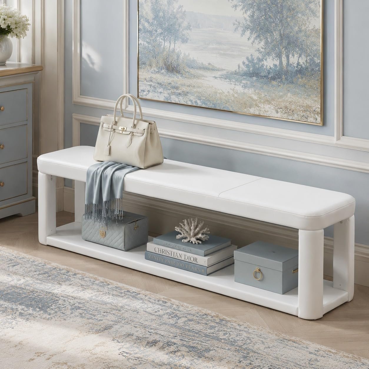 55" Upholstered Entryway Bench, Modern 2-Tier Padded End of Bed Bench for Living room & Bedroom
