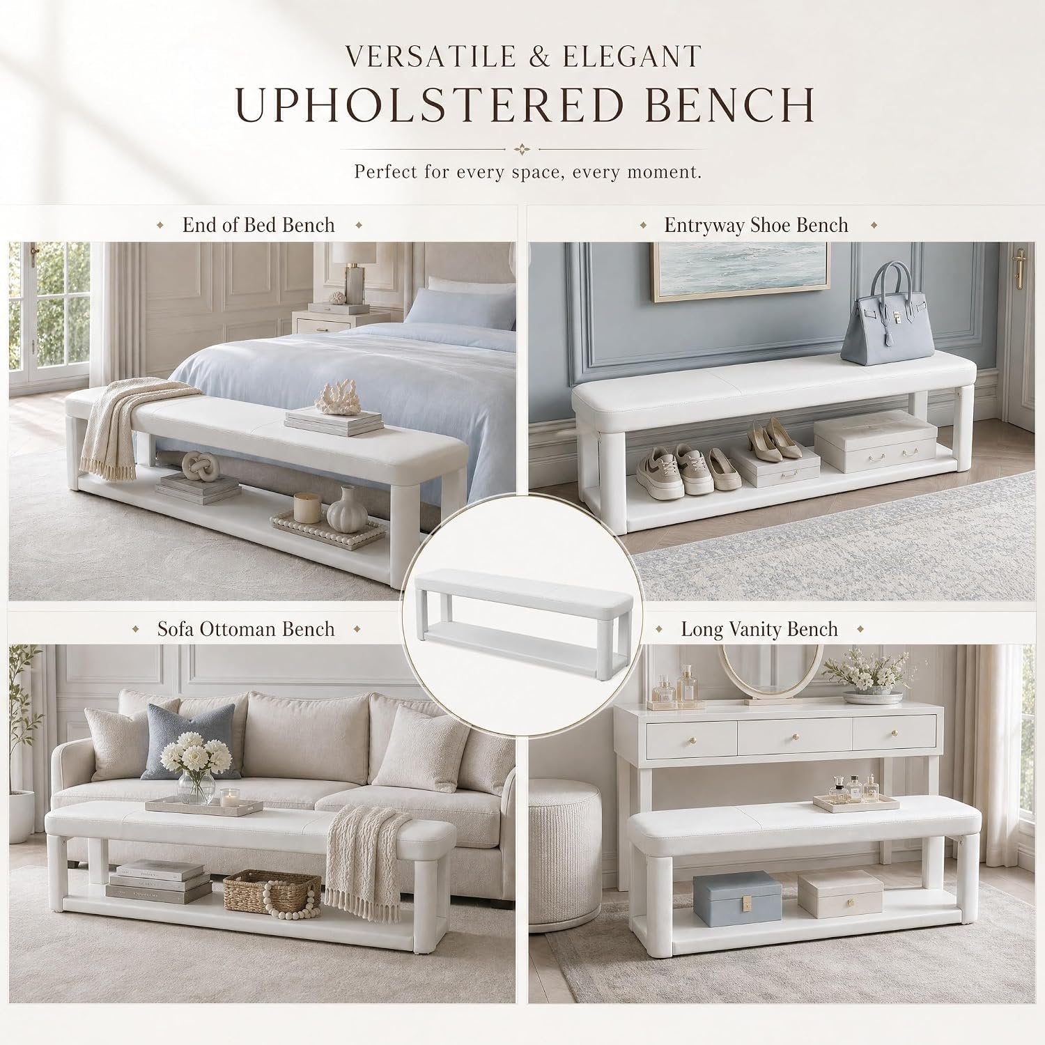 55" Upholstered Entryway Bench, Modern 2-Tier Padded End of Bed Bench for Living room & Bedroom