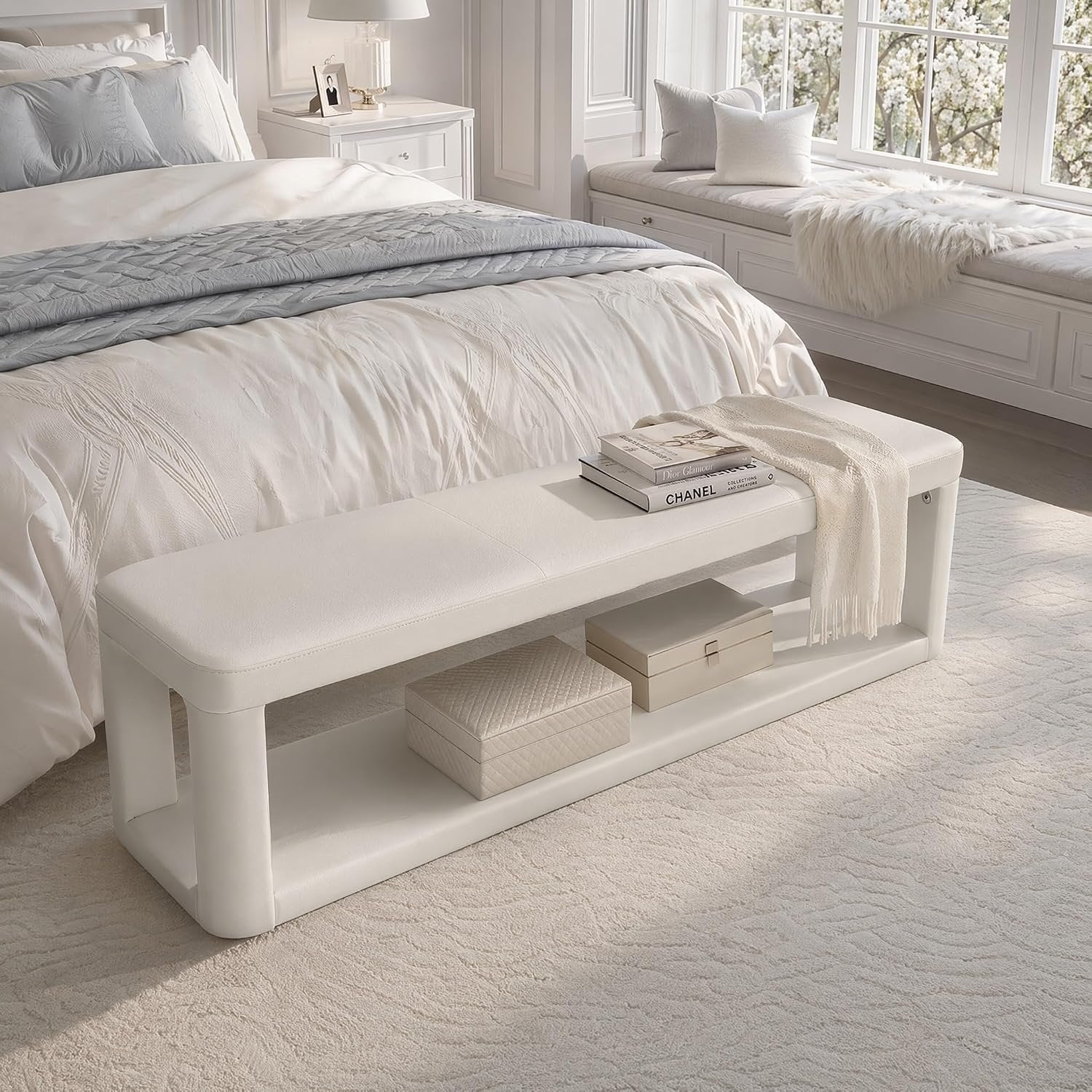55" Upholstered Entryway Bench, Modern 2-Tier Padded End of Bed Bench for Living room & Bedroom
