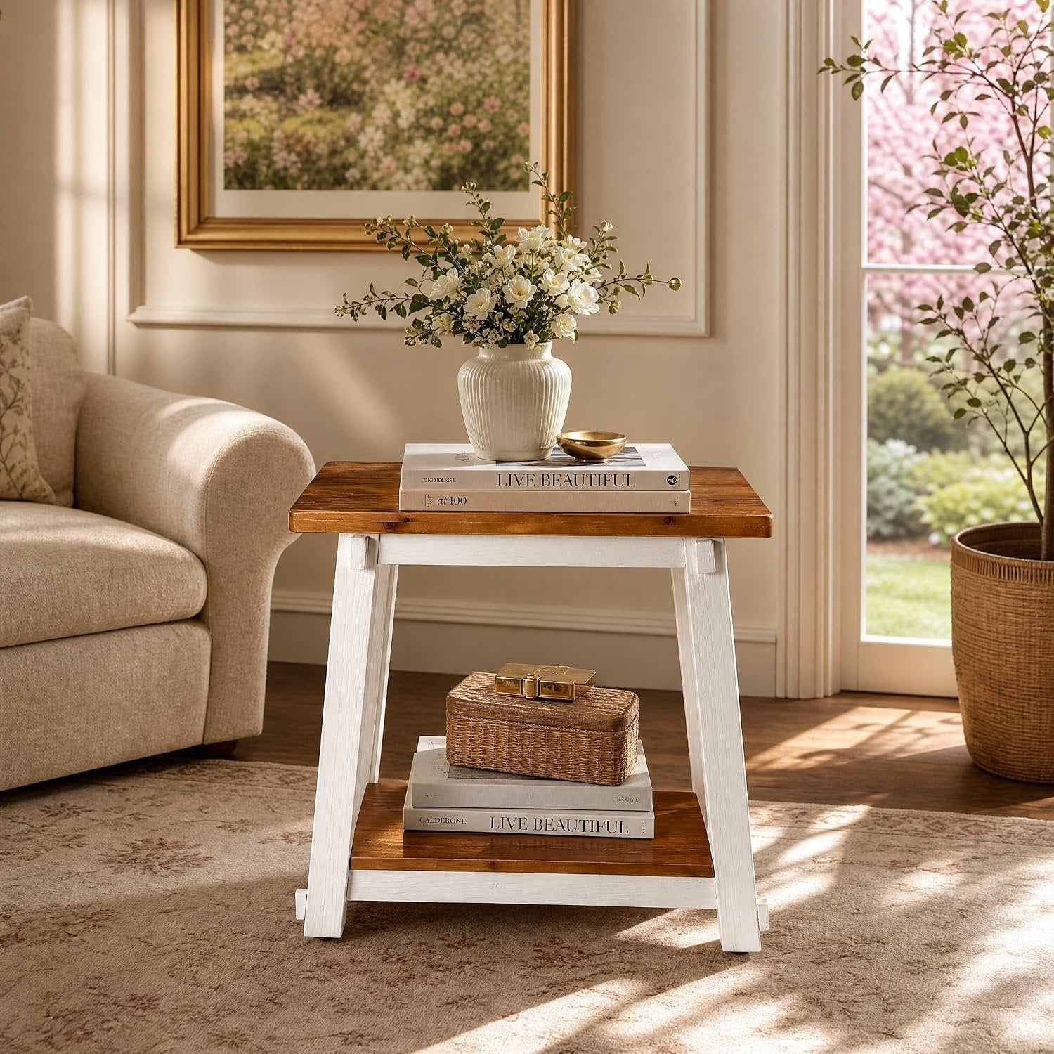 Narrow Solid Wood End Table, Rustic Side Table with Lower Storage Shelf