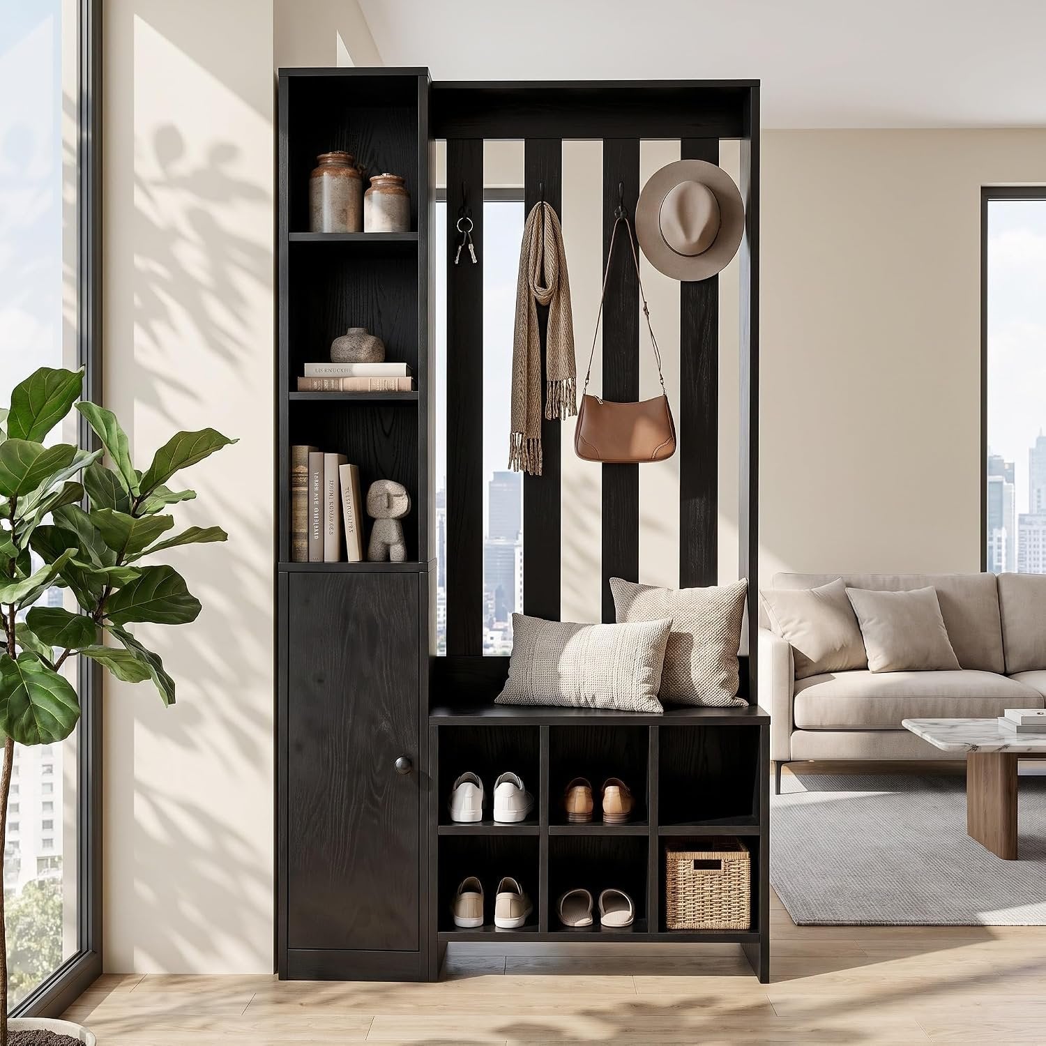 70.8" Tall Wall Room Divider, Freestanding Modern Wall Partition with Bench & Coat Rack