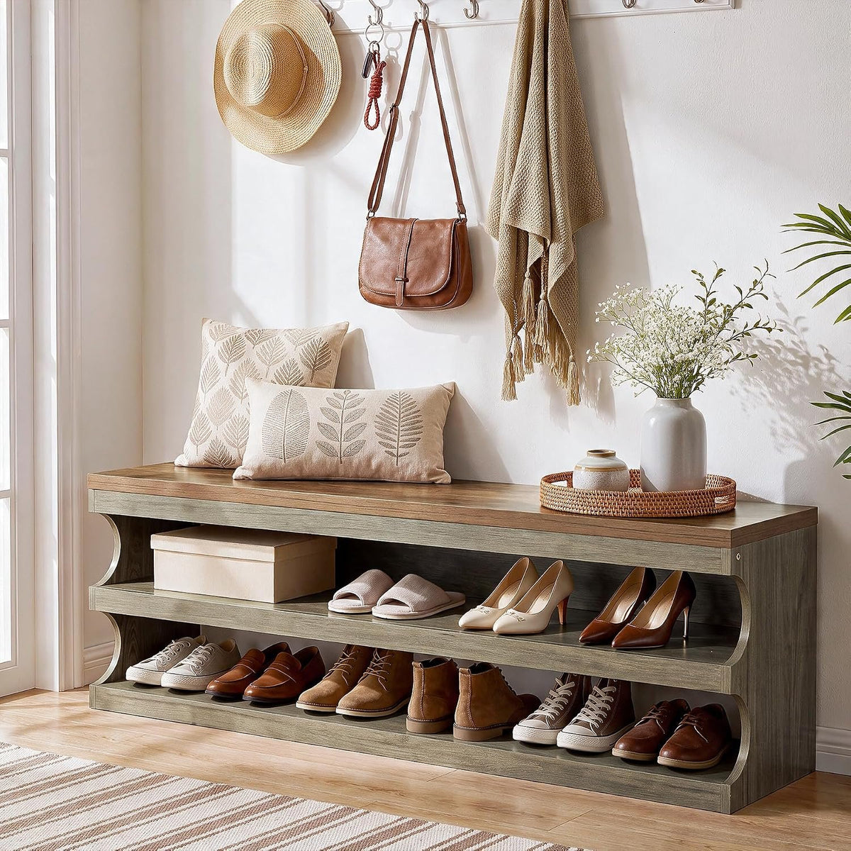 Tribesigns Shoe Storage Bench with 3-Tier Shoe Rack, Entryway Bench with Storage for 12 Pairs of Shoes