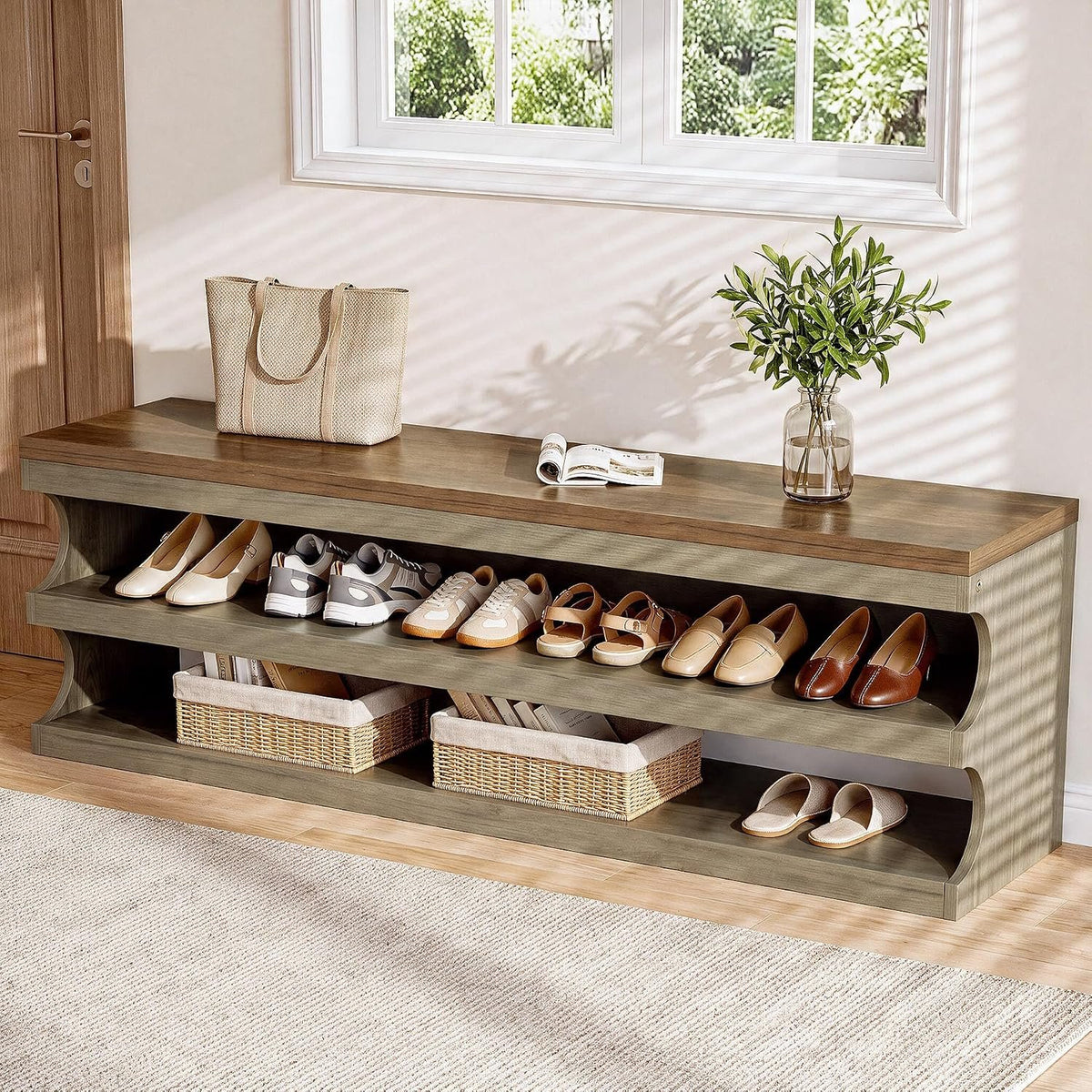 Tribesigns Shoe Storage Bench with 3-Tier Shoe Rack, Entryway Bench with Storage for 12 Pairs of Shoes