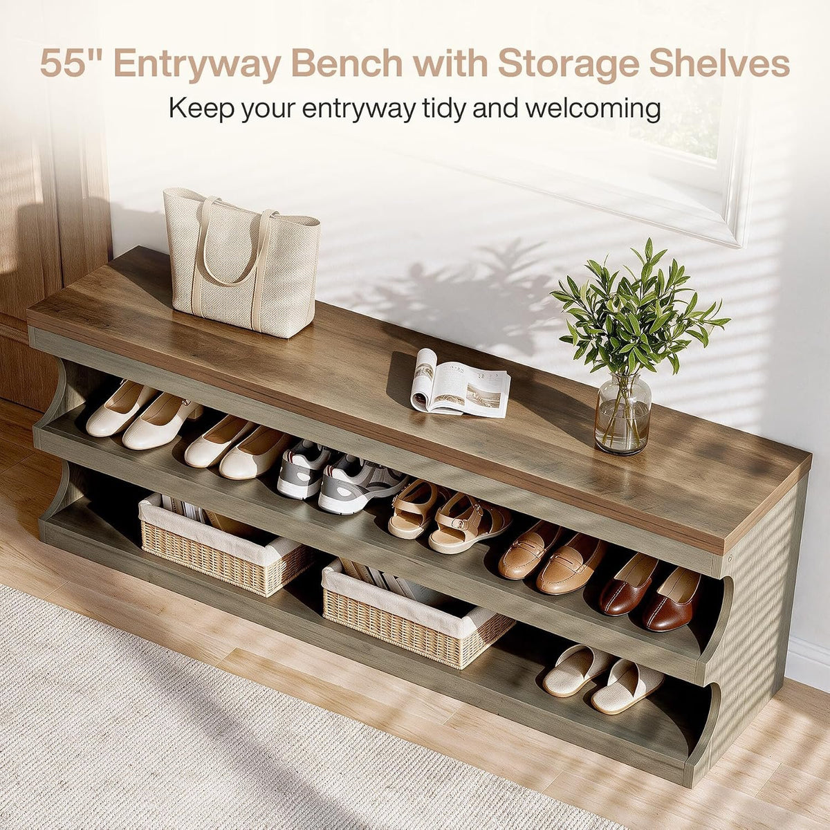 Tribesigns Shoe Storage Bench with 3-Tier Shoe Rack, Entryway Bench with Storage for 12 Pairs of Shoes