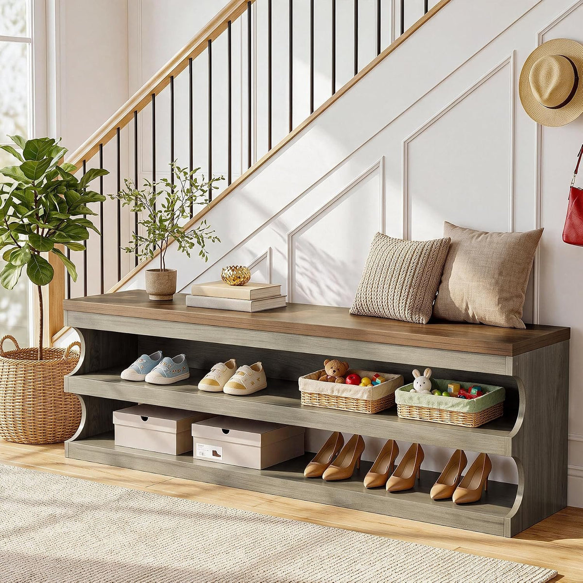 Tribesigns Shoe Storage Bench with 3-Tier Shoe Rack, Entryway Bench with Storage for 12 Pairs of Shoes