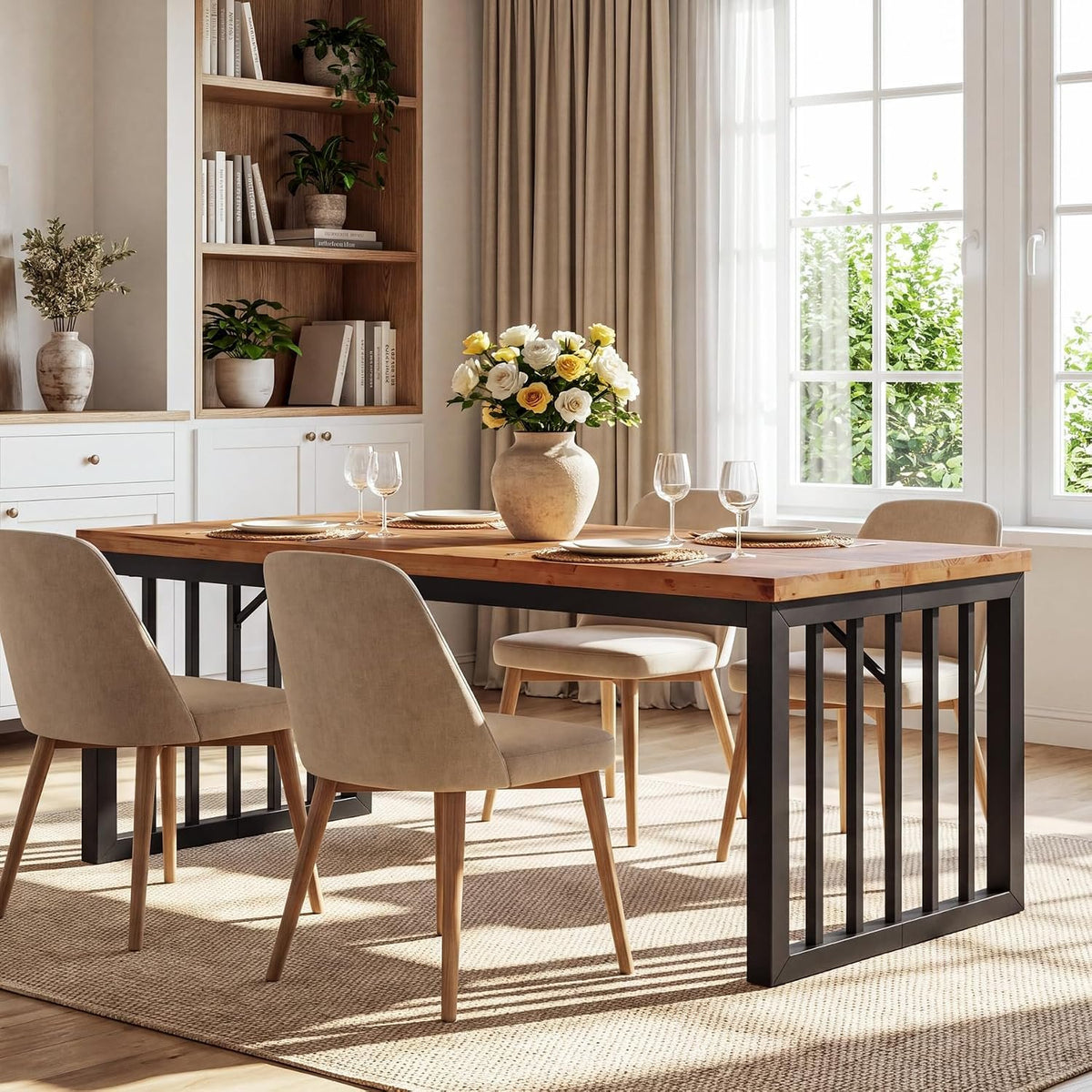 Tribesigns 63-Inch Solid Wood Dining Table for 4-6, Farmhouse Kitchen Table with Metal Frame, Rustic Brown