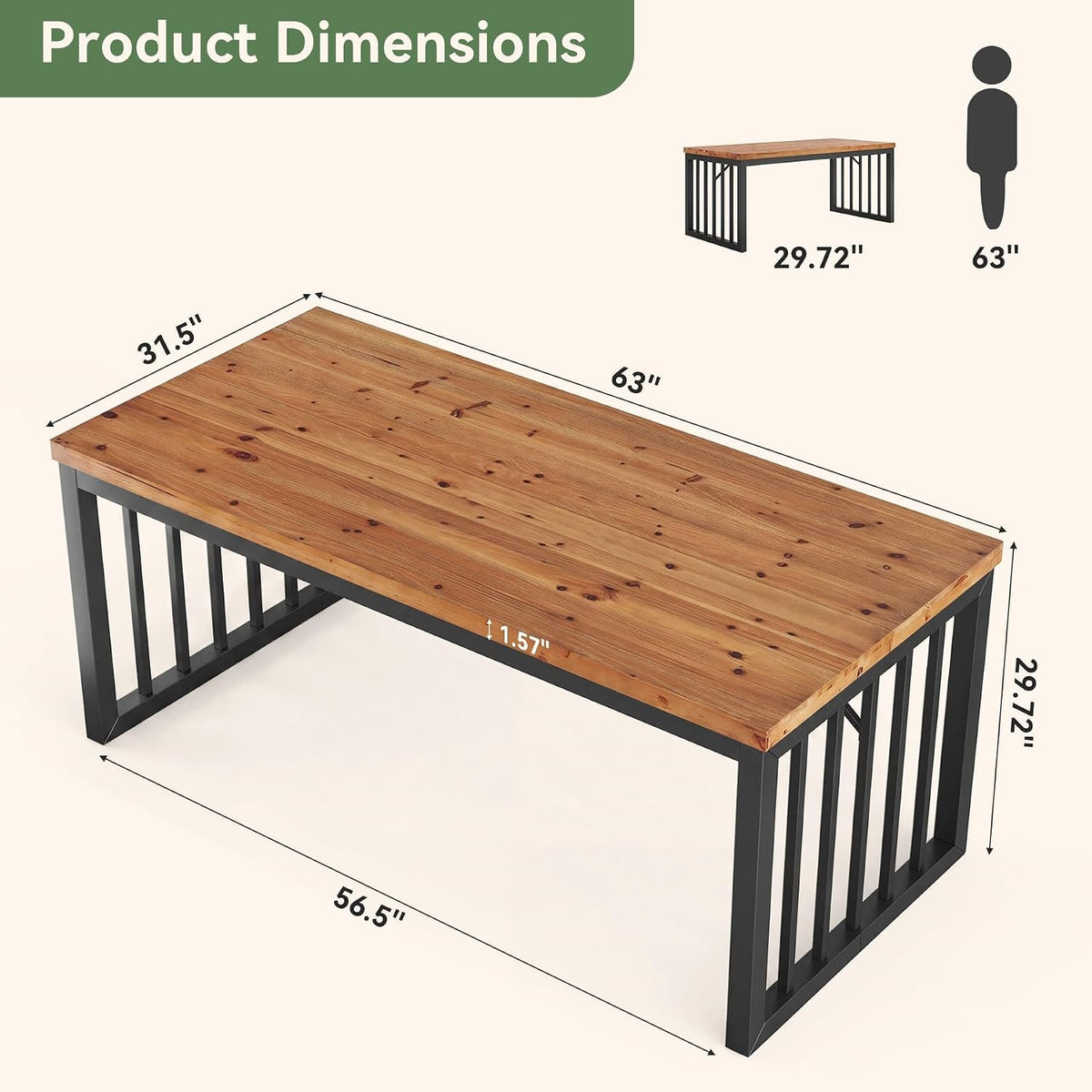 Tribesigns 63-Inch Solid Wood Computer Table, Large Home Office Desk with Metal Frame, Rustic Farmhouse Work Table