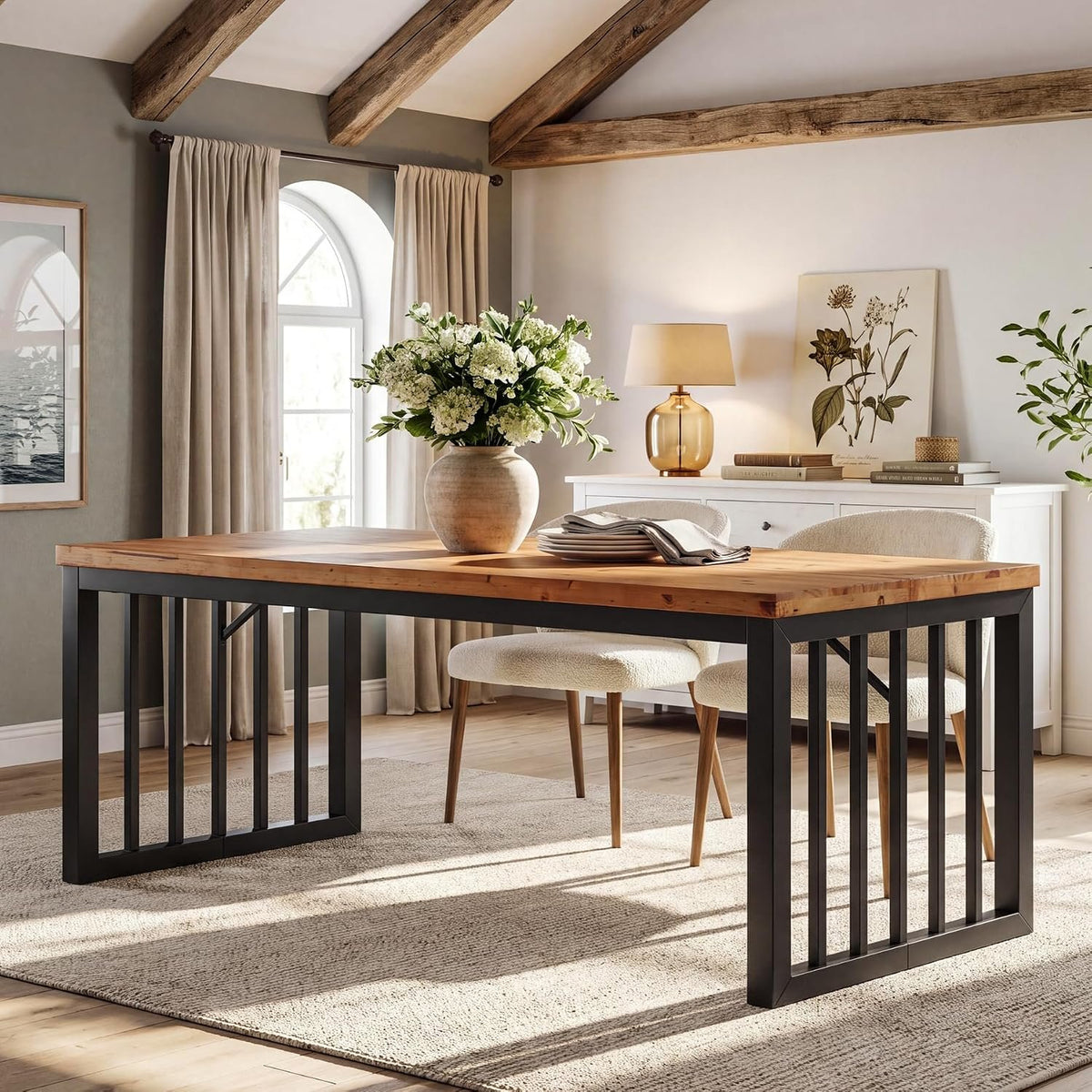Tribesigns 63-Inch Solid Wood Dining Table for 4-6, Farmhouse Kitchen Table with Metal Frame, Rustic Brown