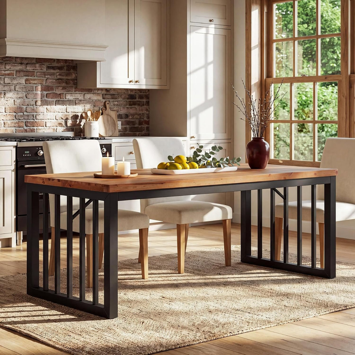 Tribesigns 63-Inch Solid Wood Dining Table for 4-6, Farmhouse Kitchen Table with Metal Frame, Rustic Brown