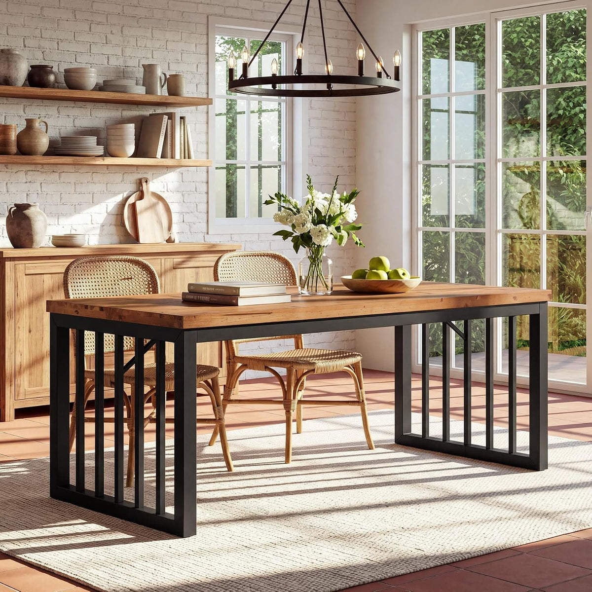 Tribesigns 63-Inch Solid Wood Dining Table for 4-6, Farmhouse Kitchen Table with Metal Frame, Rustic Brown