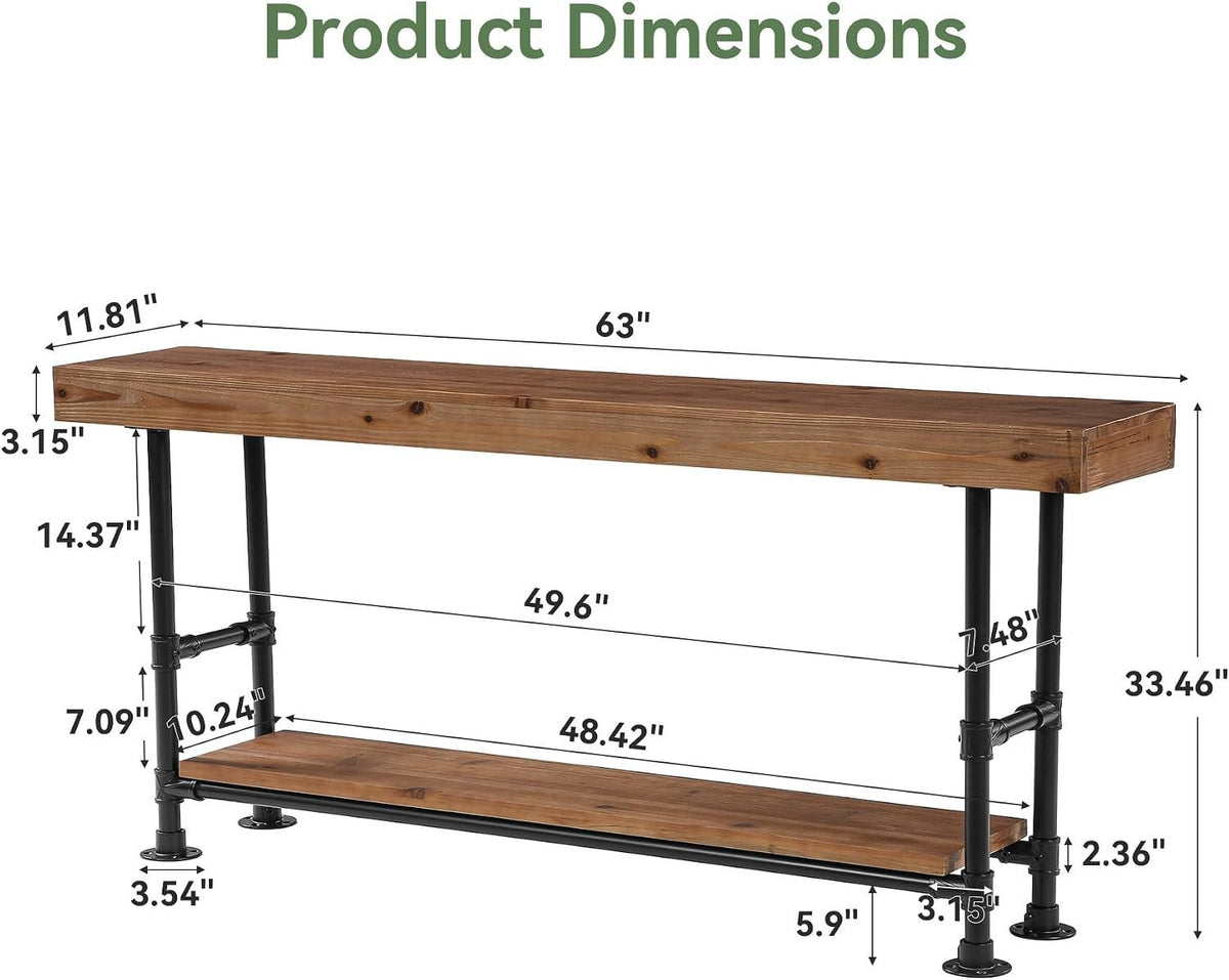 Tribesigns 63-Inch Long Console Table, Narrow Sofa Table with 2-Tier Storage, Rustic Industrial Entryway Table with Metal Pipe Frame