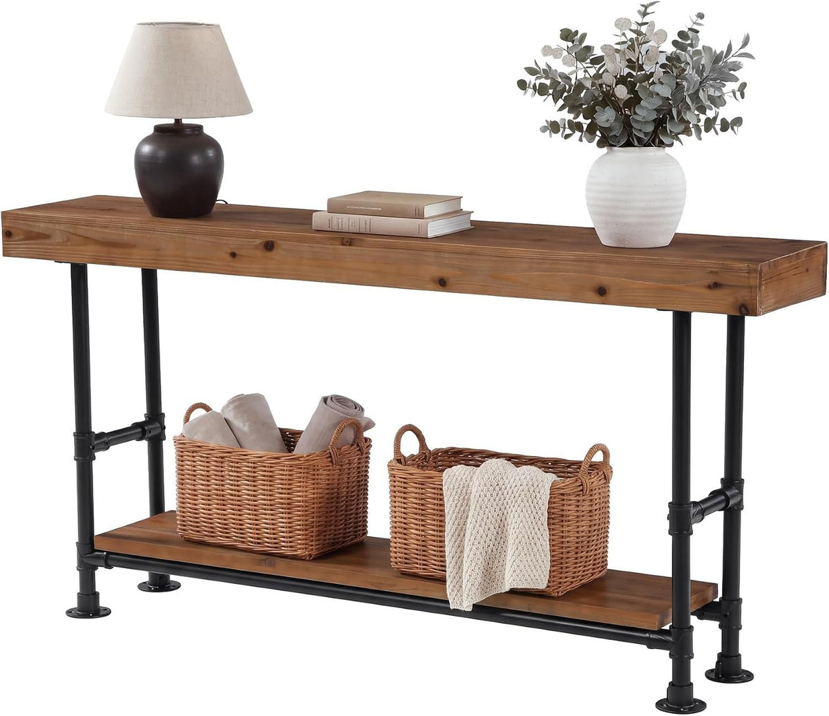 Tribesigns 63-Inch Long Console Table, Narrow Sofa Table with 2-Tier Storage, Rustic Industrial Entryway Table with Metal Pipe Frame