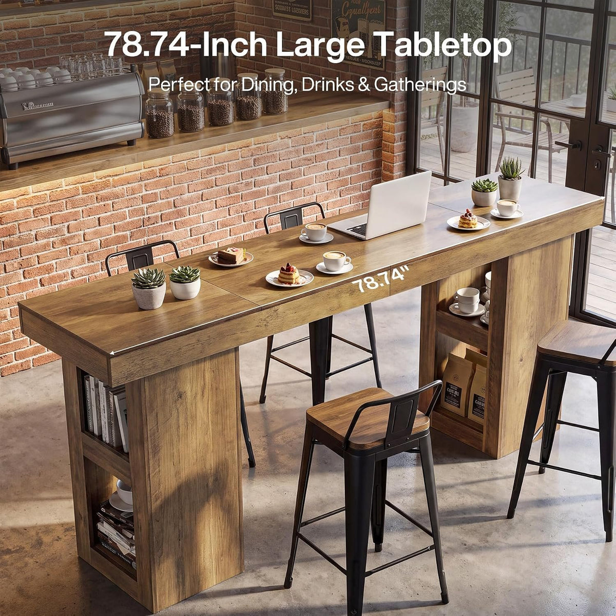 Tribesigns 78.7-Inch Extra-Long Bar Table for 4–8, Farmhouse Counter Height Dining Table with 4-Tier Storage Shelves