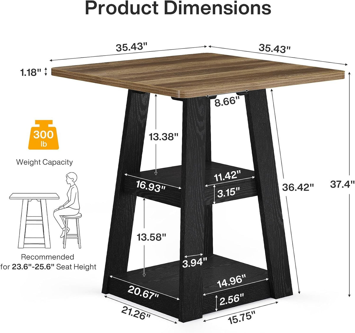 Tribesigns 35.4-Inch Square Bar Table for 2–4, Farmhouse Pub Table with 2-Tier Storage Shelves, Counter Height Dining Tabl
