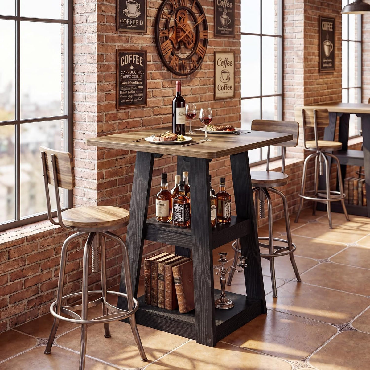 Tribesigns 35.4-Inch Square Bar Table for 2–4, Farmhouse Pub Table with 2-Tier Storage Shelves, Counter Height Dining Tabl