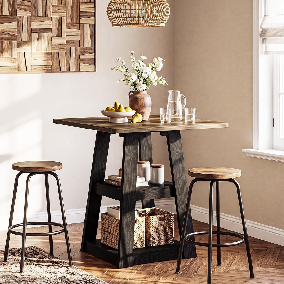 Tribesigns 35.4-Inch Square Bar Table for 2–4, Farmhouse Pub Table with 2-Tier Storage Shelves, Counter Height Dining Tabl