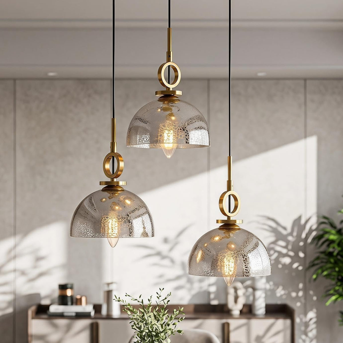 3-Light Modern Gold Dome Pendant Light, Crackle Glass Shade