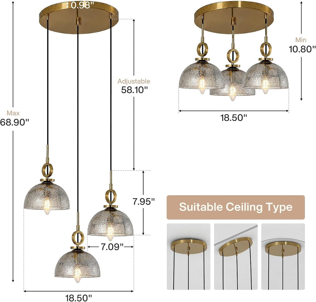 3-Light Modern Gold Dome Pendant Light, Crackle Glass Shade