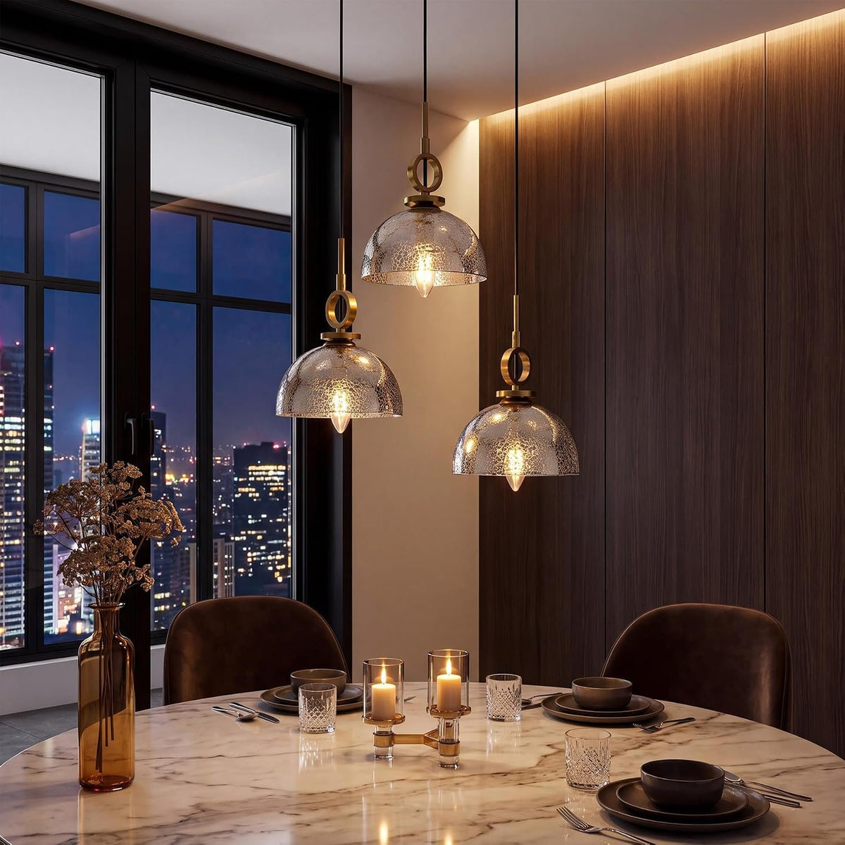 3-Light Modern Gold Dome Pendant Light, Crackle Glass Shade