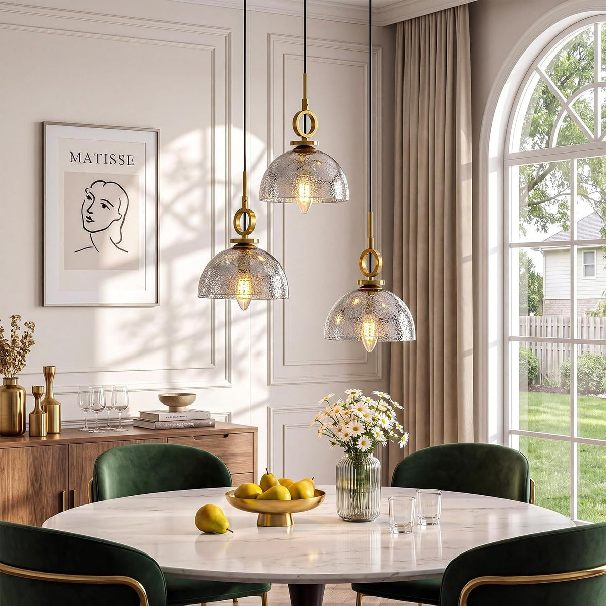 3-Light Modern Gold Dome Pendant Light, Crackle Glass Shade