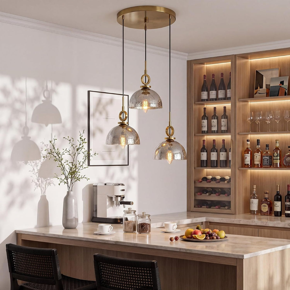 3-Light Modern Gold Dome Pendant Light, Crackle Glass Shade