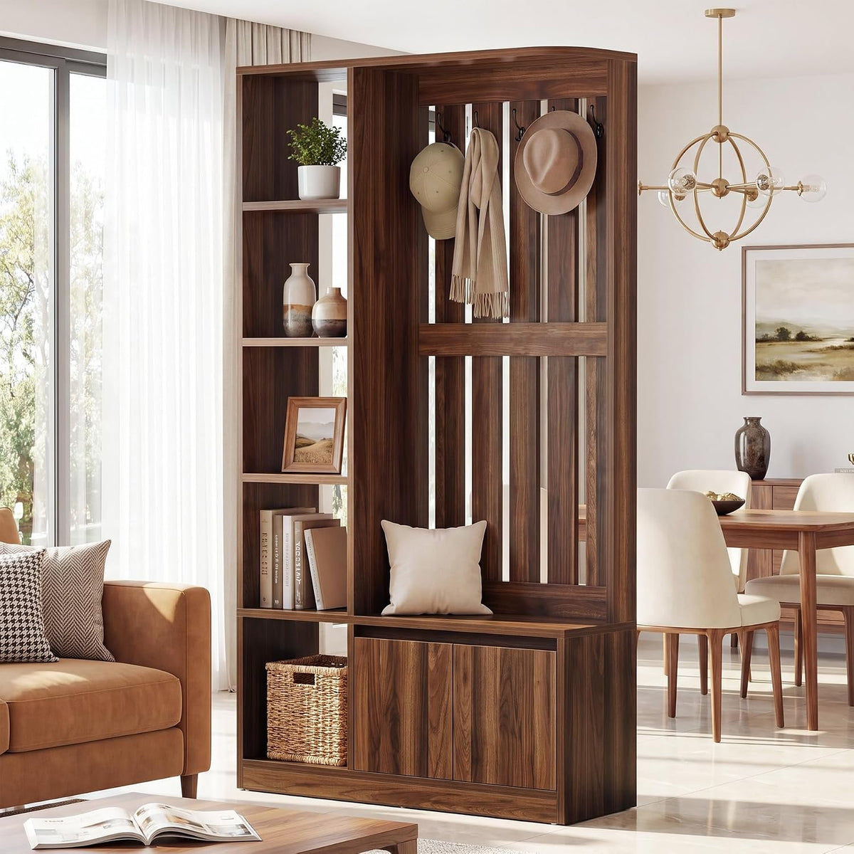 Tribesigns Room Divider with Coat Rack, Shoe Cabinet & Bench, Entryway Organizer with Storage Shelves and Hooks
