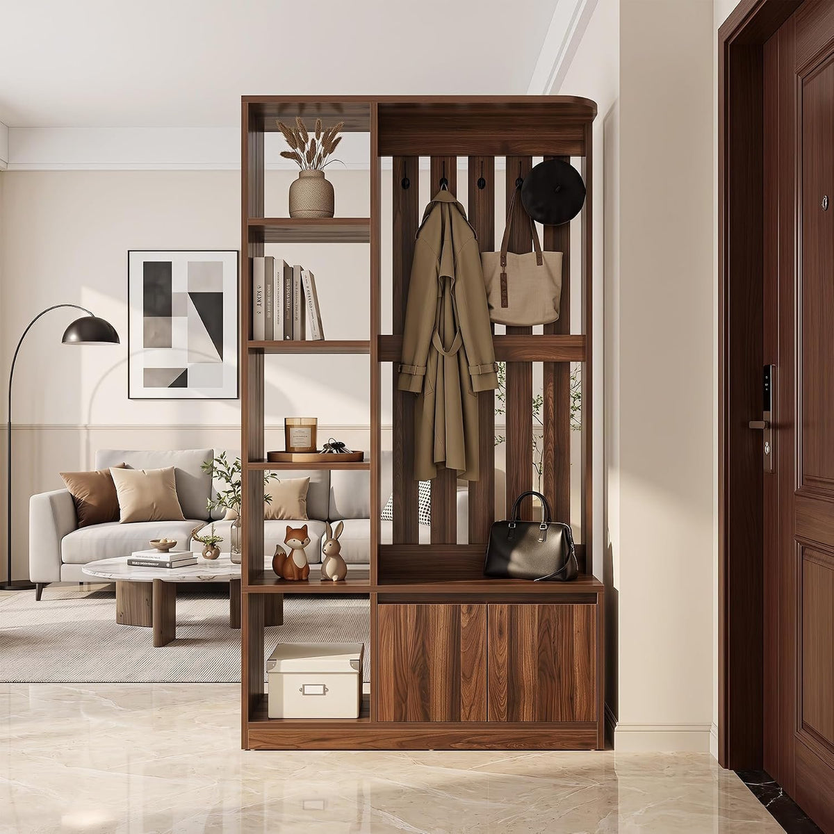 Tribesigns Room Divider with Coat Rack, Shoe Cabinet & Bench, Entryway Organizer with Storage Shelves and Hooks