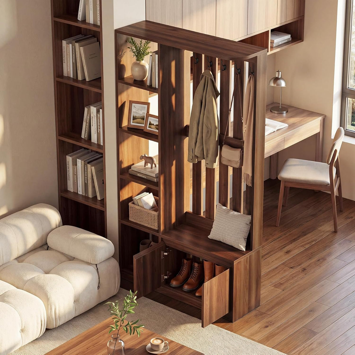 Tribesigns Room Divider with Coat Rack, Shoe Cabinet & Bench, Entryway Organizer with Storage Shelves and Hooks