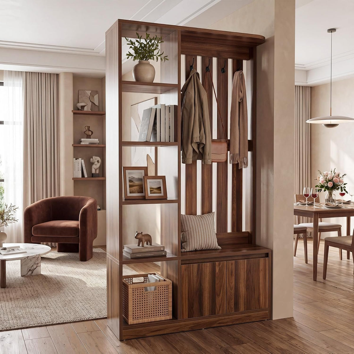 Tribesigns Room Divider with Coat Rack, Shoe Cabinet & Bench, Entryway Organizer with Storage Shelves and Hooks