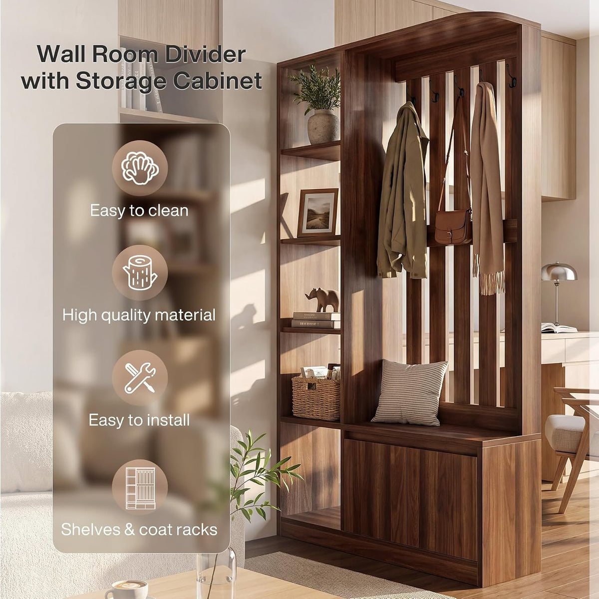 Tribesigns Room Divider with Coat Rack, Shoe Cabinet & Bench, Entryway Organizer with Storage Shelves and Hooks
