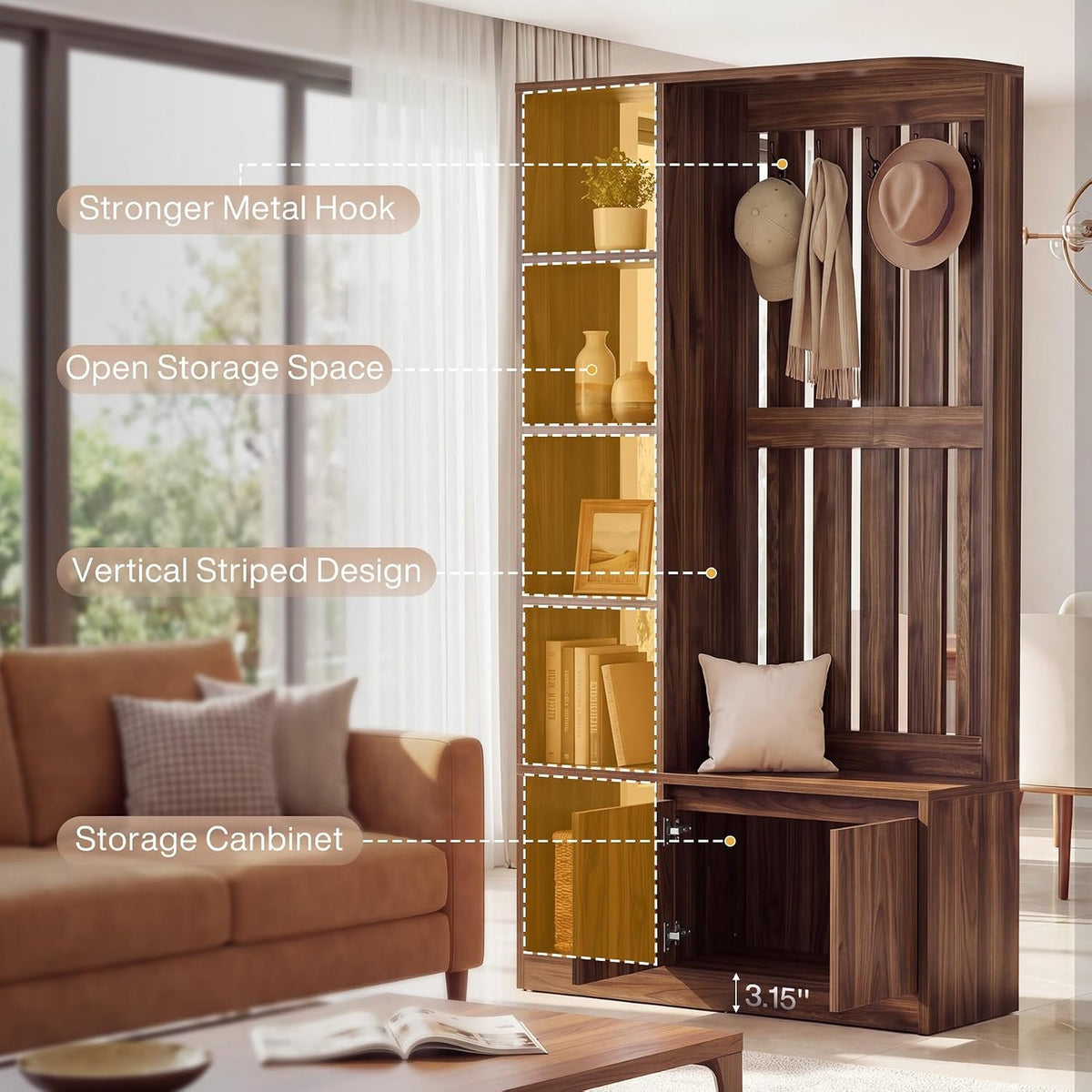 Tribesigns Room Divider with Coat Rack, Shoe Cabinet & Bench, Entryway Organizer with Storage Shelves and Hooks