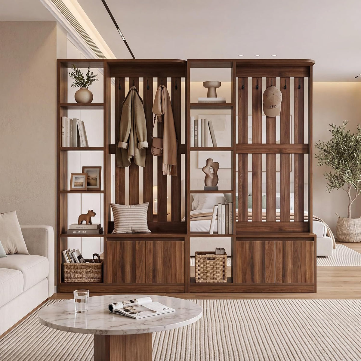 Tribesigns Room Divider with Coat Rack, Shoe Cabinet & Bench, Entryway Organizer with Storage Shelves and Hooks