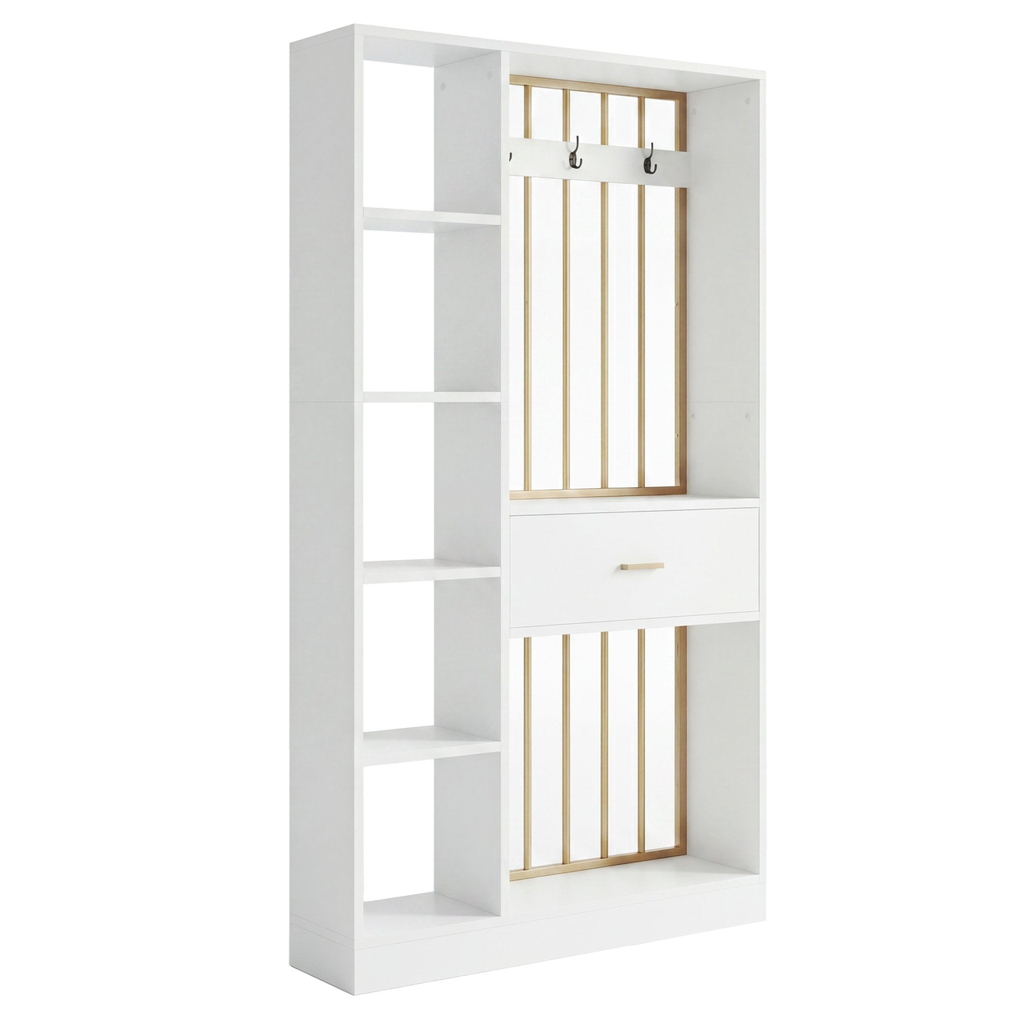 70.8" Room Divider with Storage Shelves, Drawer & Coat Rack, Freestanding Wood Partition Wall