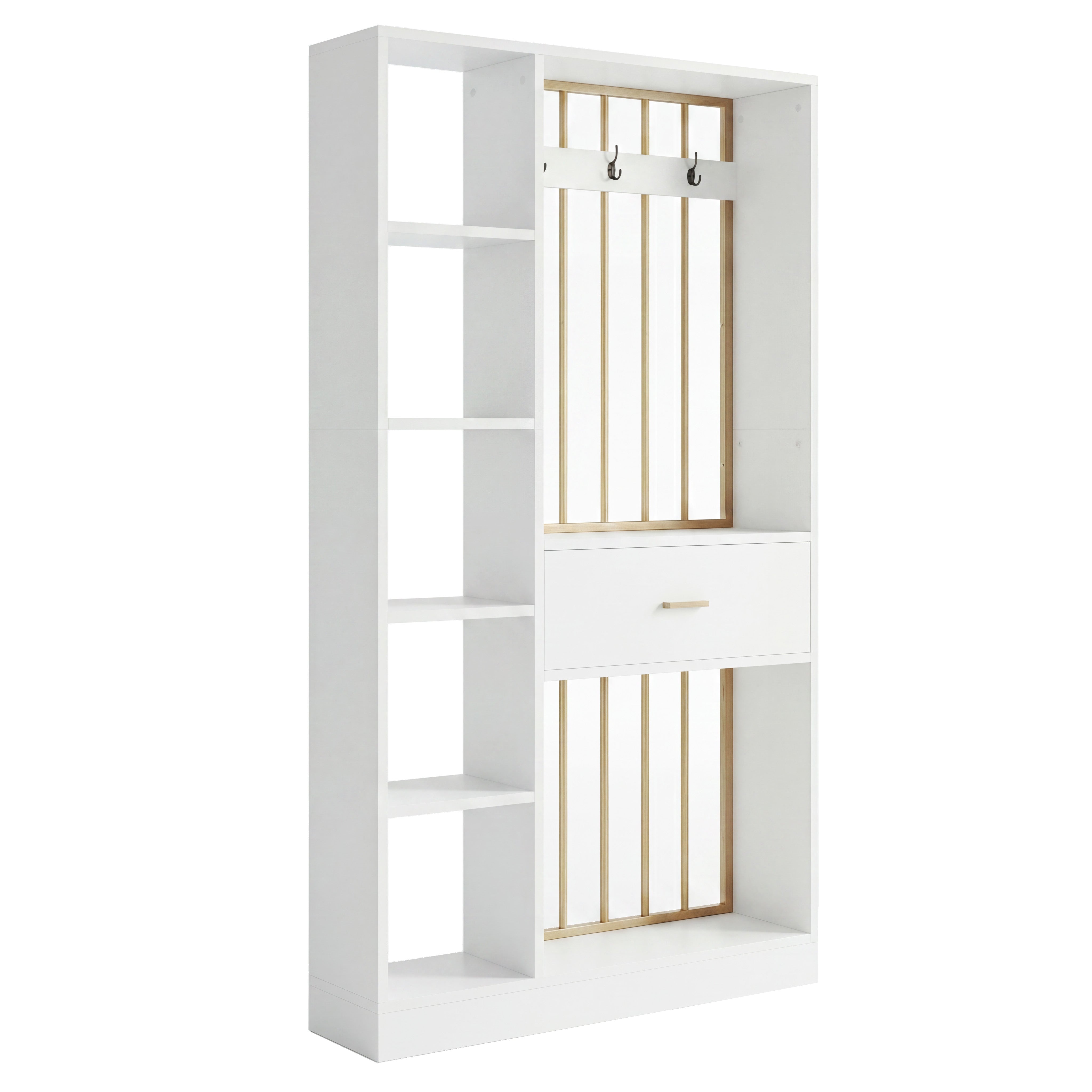 70.8" Room Divider with Storage Shelves, Drawer & Coat Rack, Freestanding Wood Partition Wall