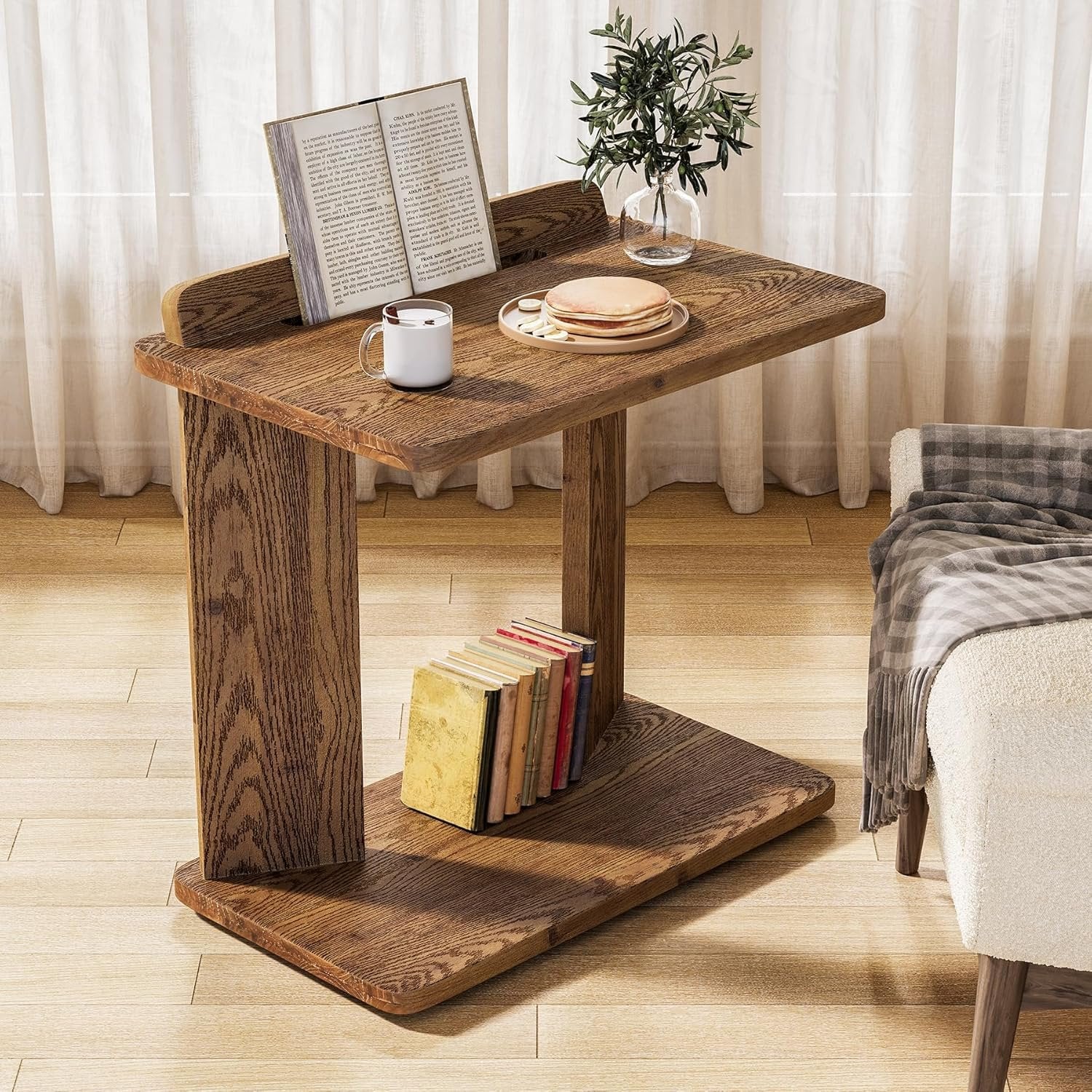 C-Shaped End Table, 2-Tier Wood Farmhouse Side Table with Book Groove