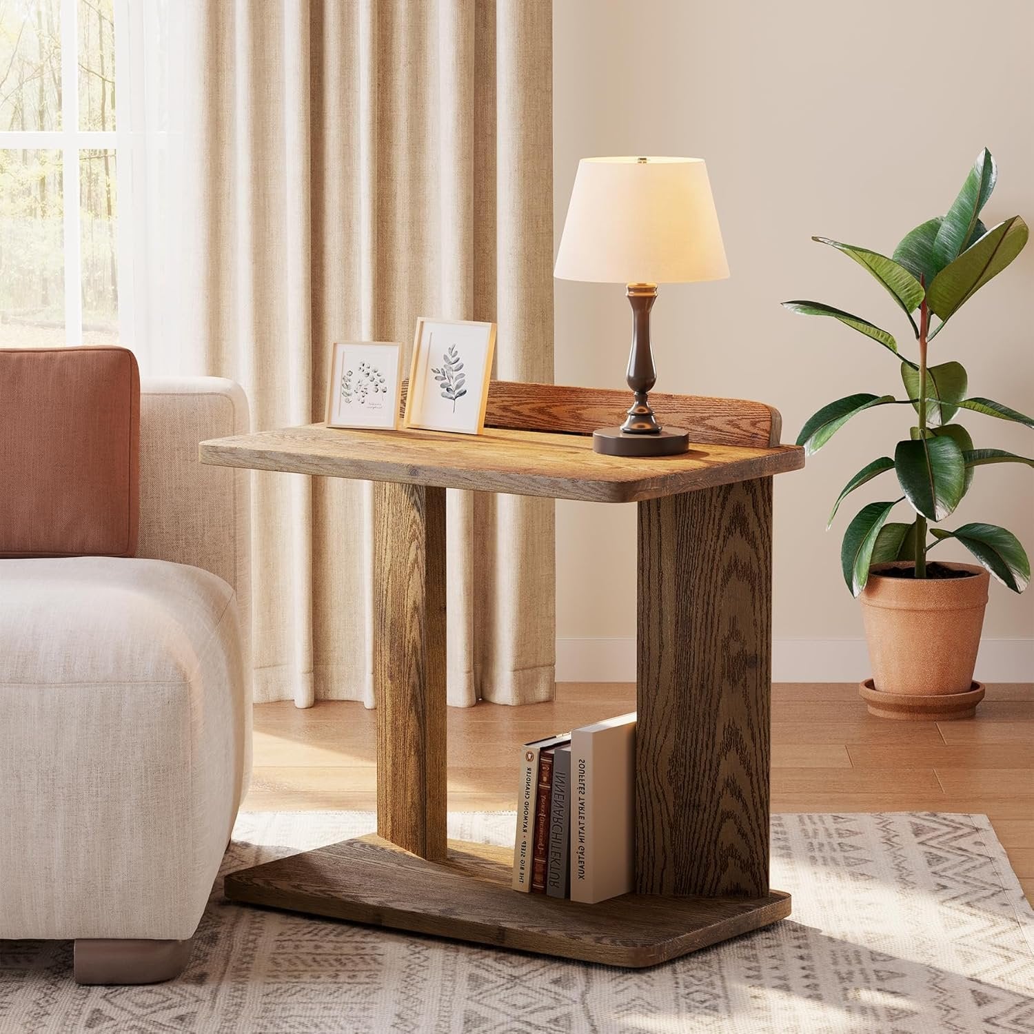 C-Shaped End Table, 2-Tier Wood Farmhouse Side Table with Book Groove